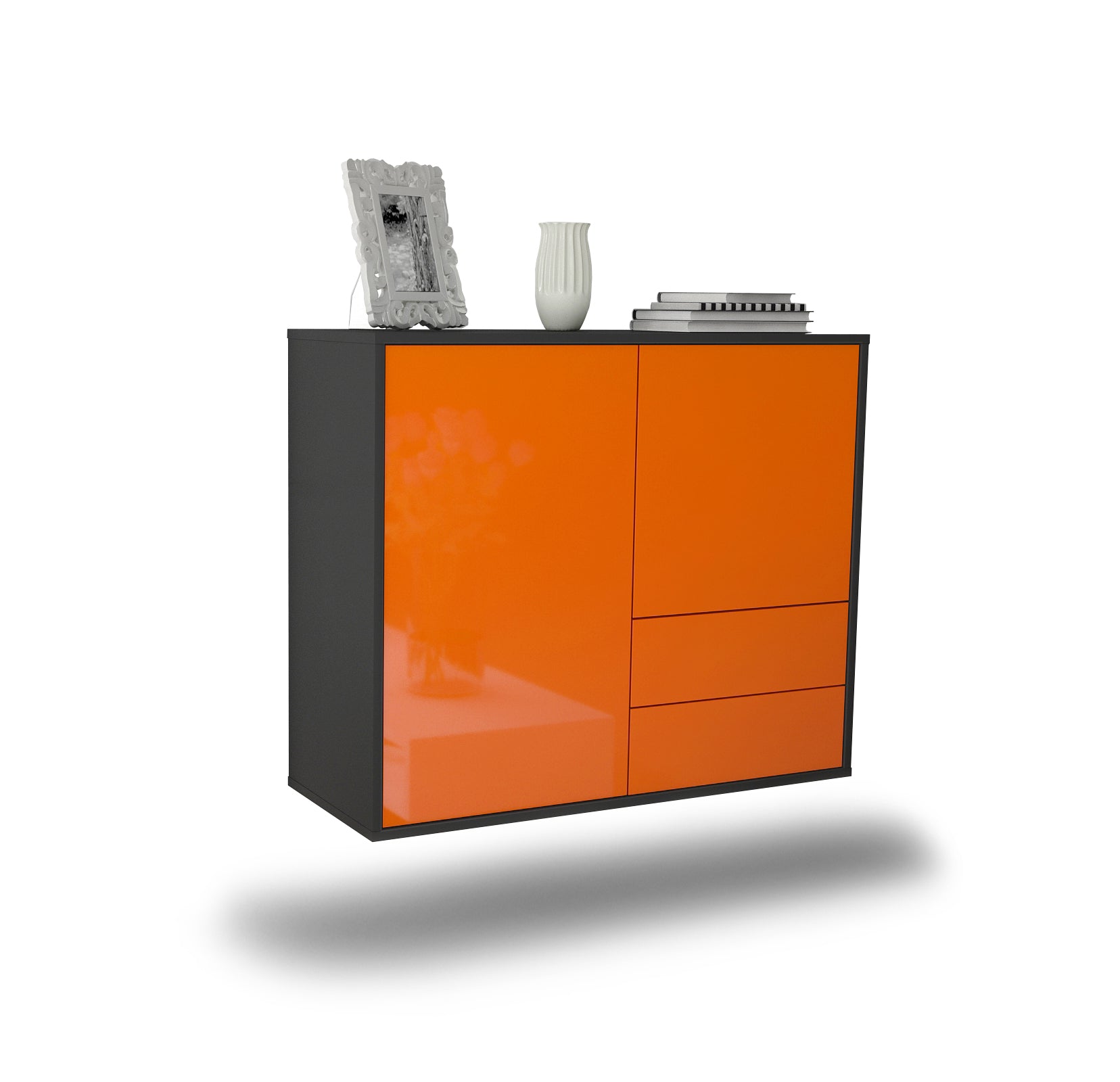 Sideboard - Chiara - Design Hochglanz - Wandmontiert mit Push to open  92 cm Anthrazit