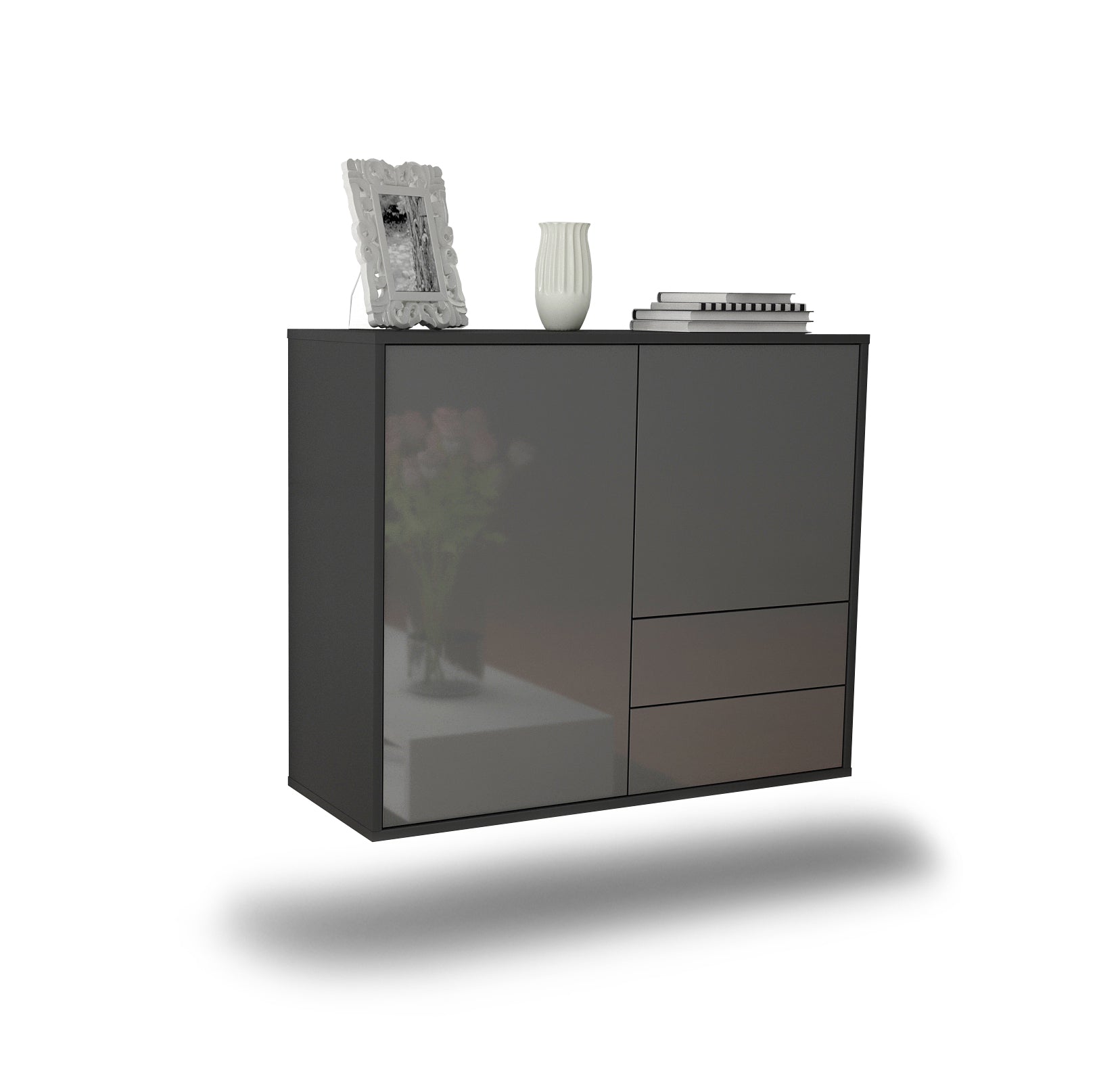 Sideboard - Chiara - Design Hochglanz - Wandmontiert mit Push to open  92 cm Anthrazit