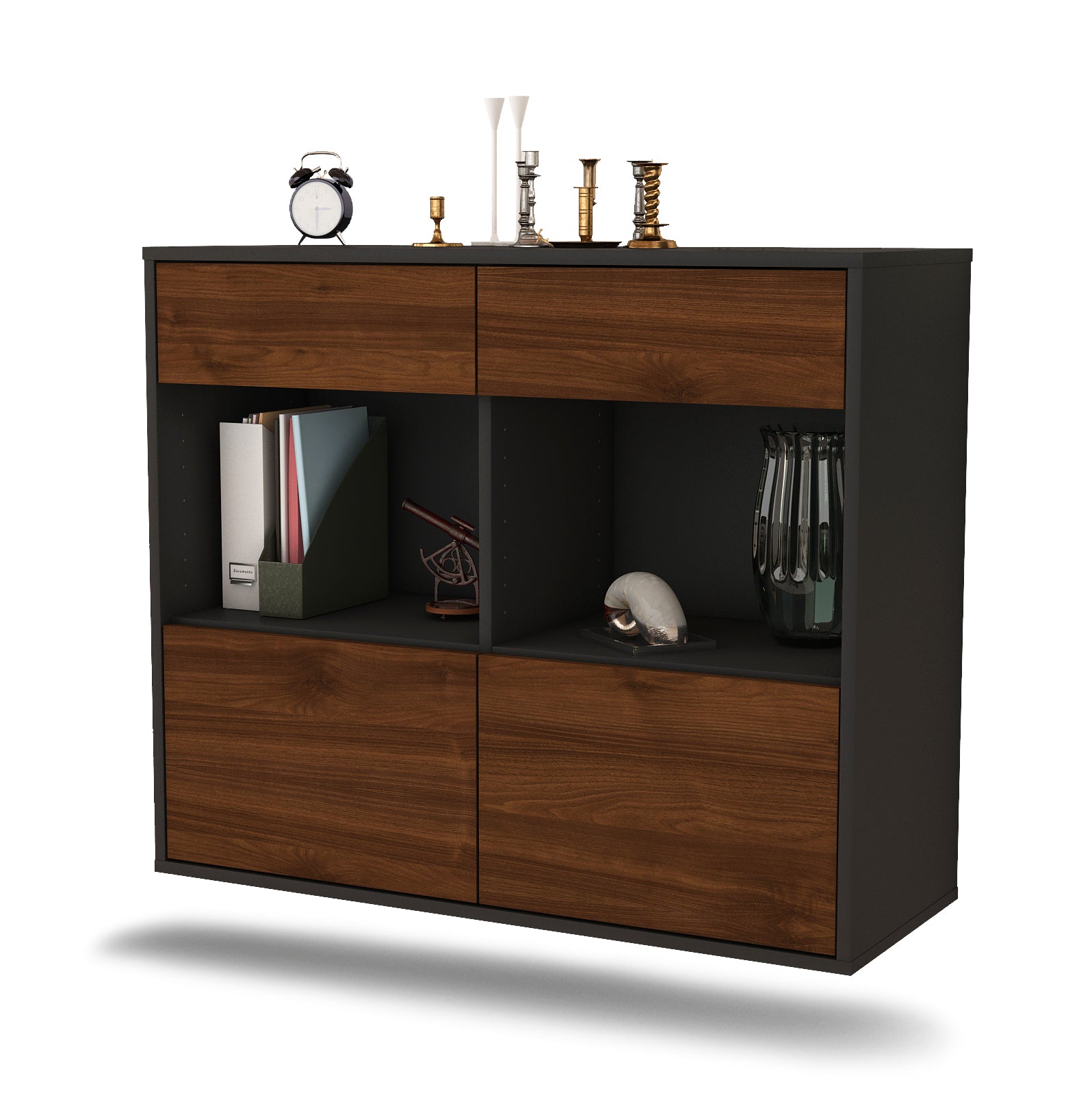 Sideboard - Christina - Design Holzdekor - Wandmontiert mit Push to open  92 cm Anthrazit