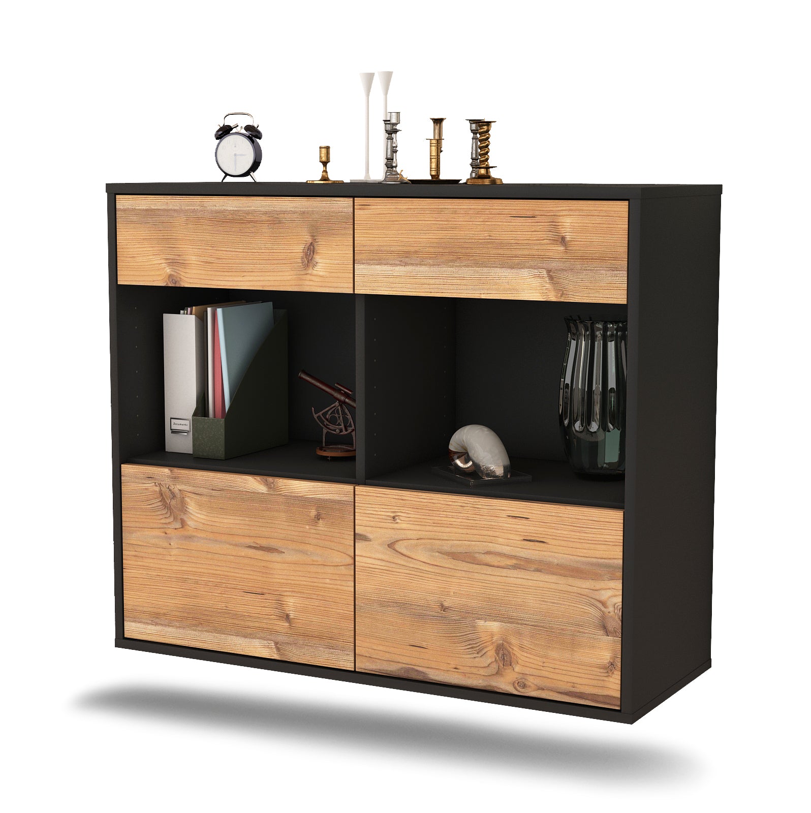 Sideboard - Christina - Design Holzdekor - Wandmontiert mit Push to open  92 cm Anthrazit