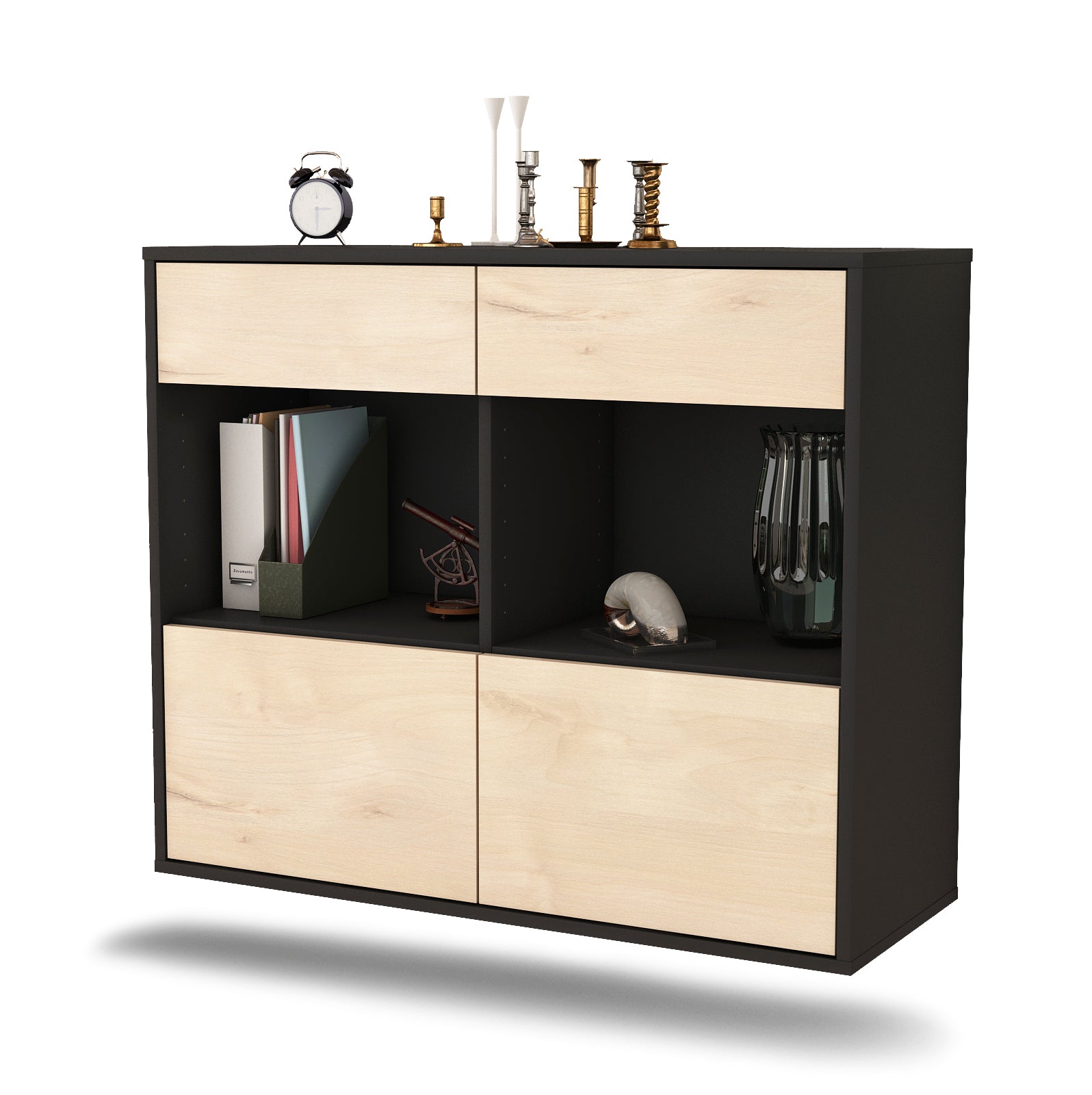 Sideboard - Christina - Design Holzdekor - Wandmontiert mit Push to open  92 cm Anthrazit