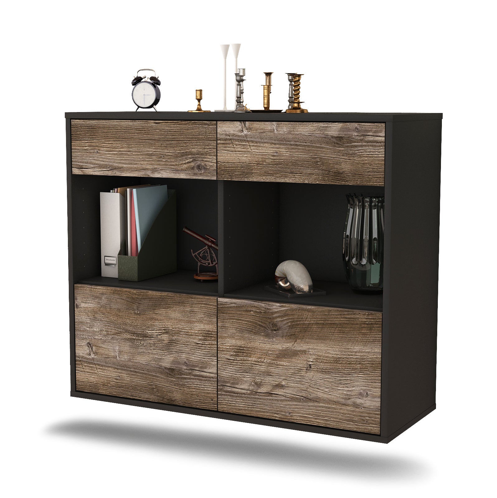 Sideboard - Christina - Design Holzdekor - Wandmontiert mit Push to open  92 cm Anthrazit