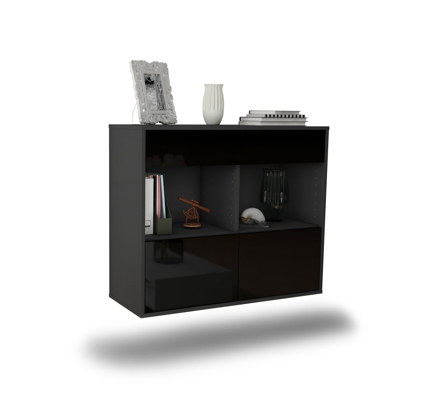 Sideboard - Christina - Design Hochglanz - Wandmontiert mit Push to open  92 cm Anthrazit