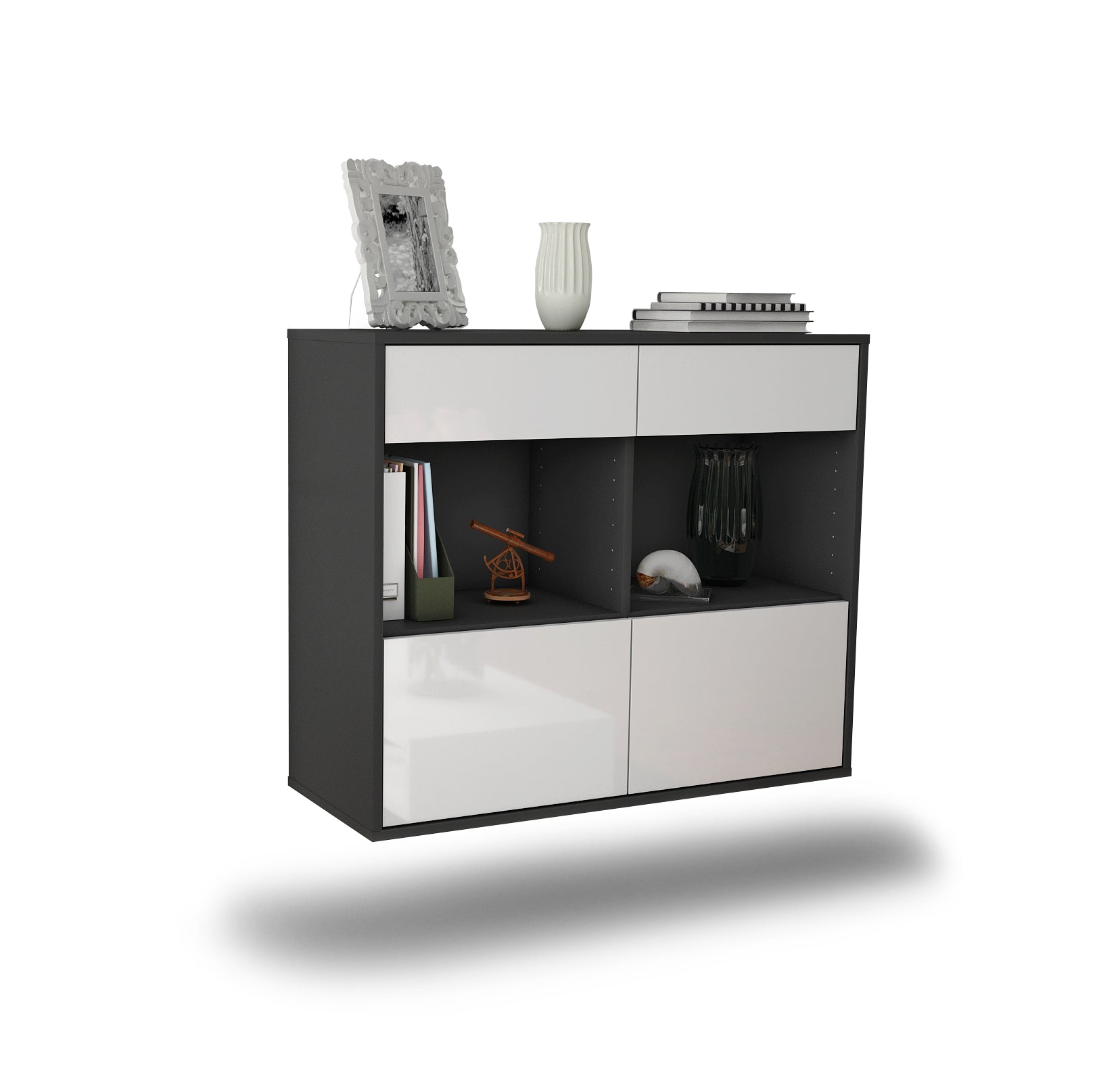 Sideboard - Christina - Design Hochglanz - Wandmontiert mit Push to open  92 cm Anthrazit