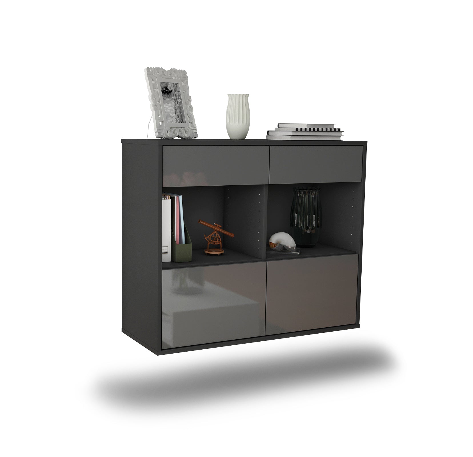 Sideboard - Christina - Design Hochglanz - Wandmontiert mit Push to open  92 cm Anthrazit