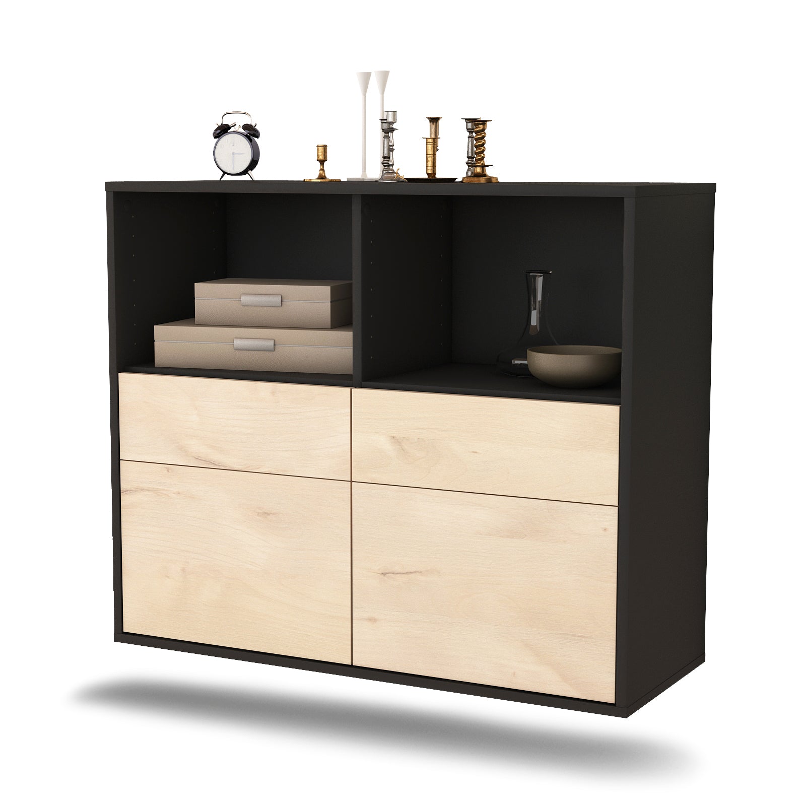 Sideboard - Christine - Design Holzdekor - Wandmontiert mit Push to open  92 cm Anthrazit