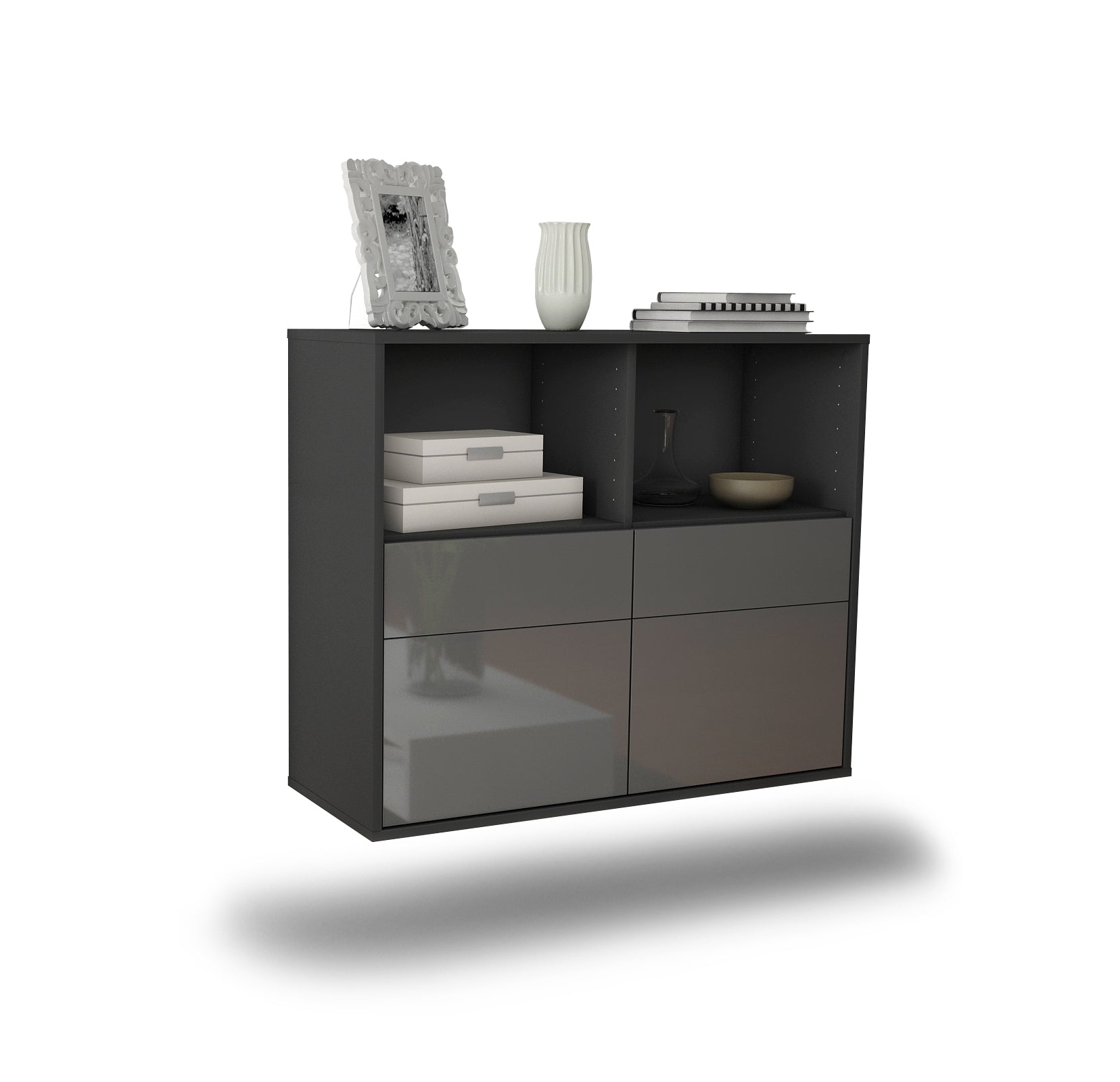 Sideboard - Christine - Design Hochglanz - Wandmontiert mit Push to open  92 cm Anthrazit