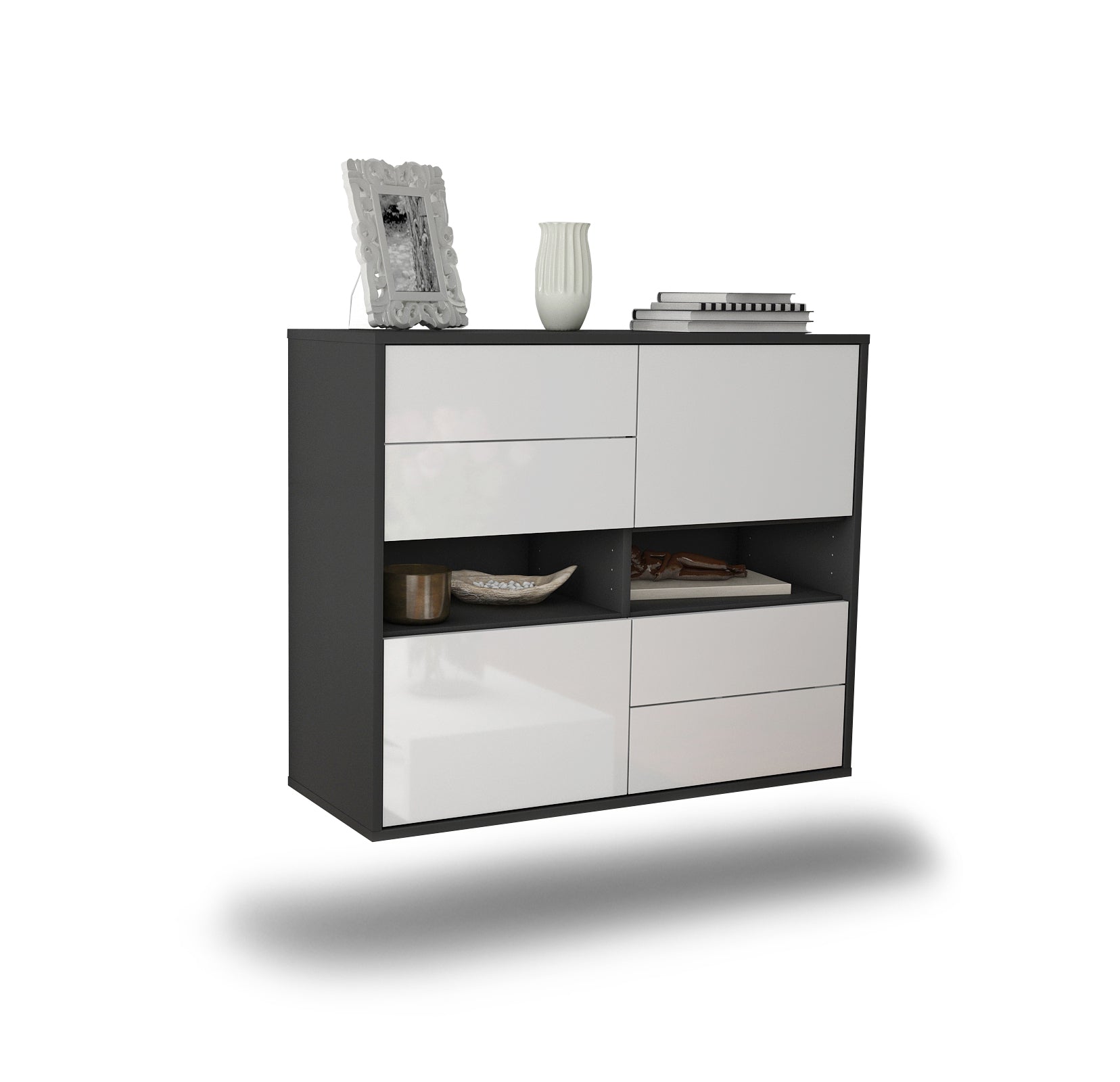 Sideboard - Claudia - Design Hochglanz - Wandmontiert mit Push to open  92 cm Anthrazit