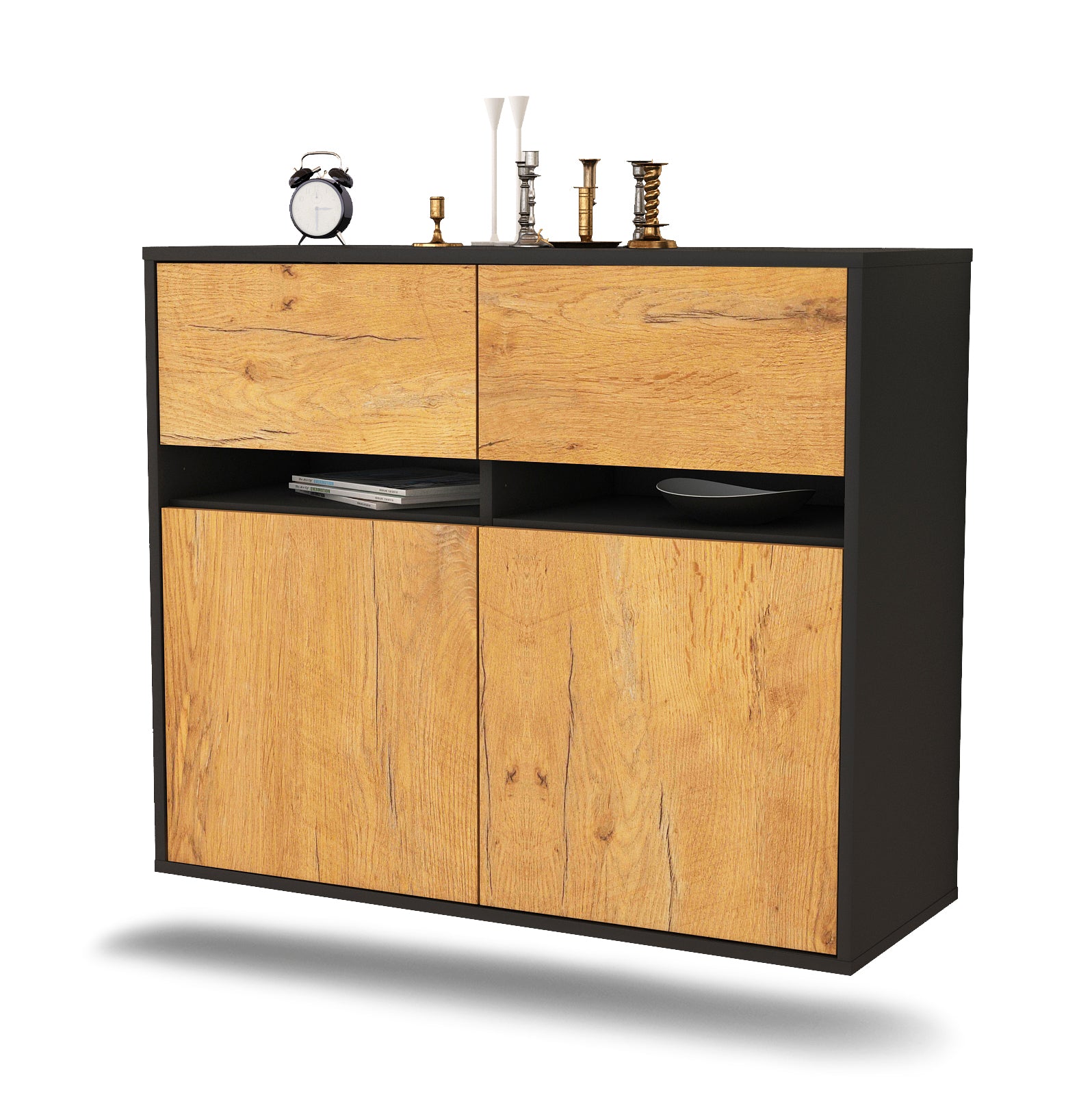 Sideboard - Clea - Design Holzdekor - Wandmontiert mit Push to open  92 cm Anthrazit