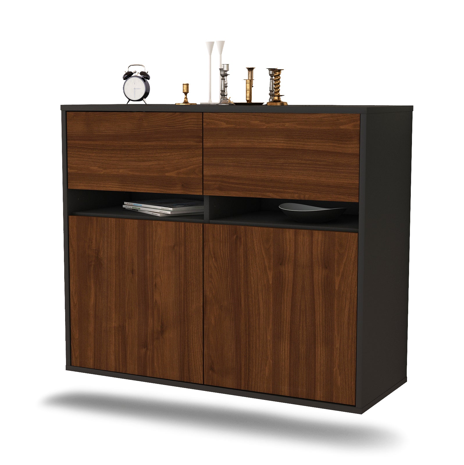 Sideboard - Clea - Design Holzdekor - Wandmontiert mit Push to open  92 cm Anthrazit