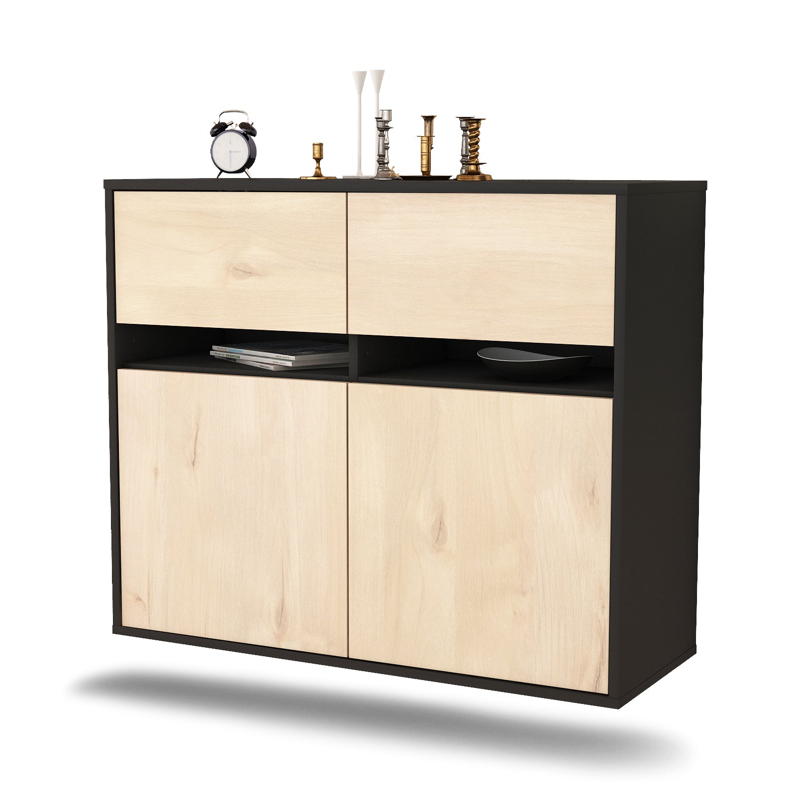 Sideboard - Clea - Design Holzdekor - Wandmontiert mit Push to open  92 cm Anthrazit