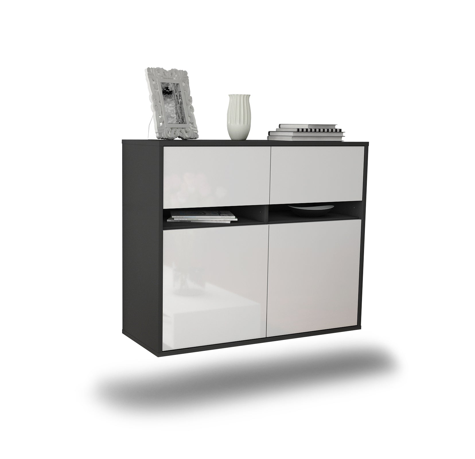 Sideboard - Clea - Design Hochglanz - Wandmontiert mit Push to open  92 cm Anthrazit