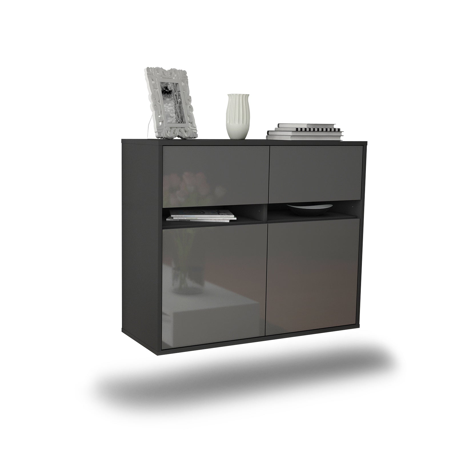 Sideboard - Clea - Design Hochglanz - Wandmontiert mit Push to open  92 cm Anthrazit