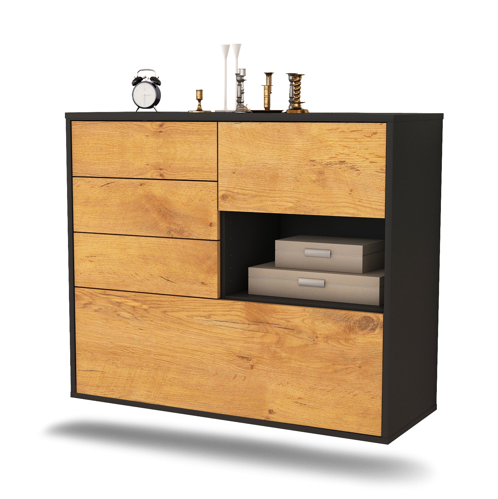 Sideboard - Coco - Design Holzdekor - Wandmontiert mit Push to open  92 cm Anthrazit