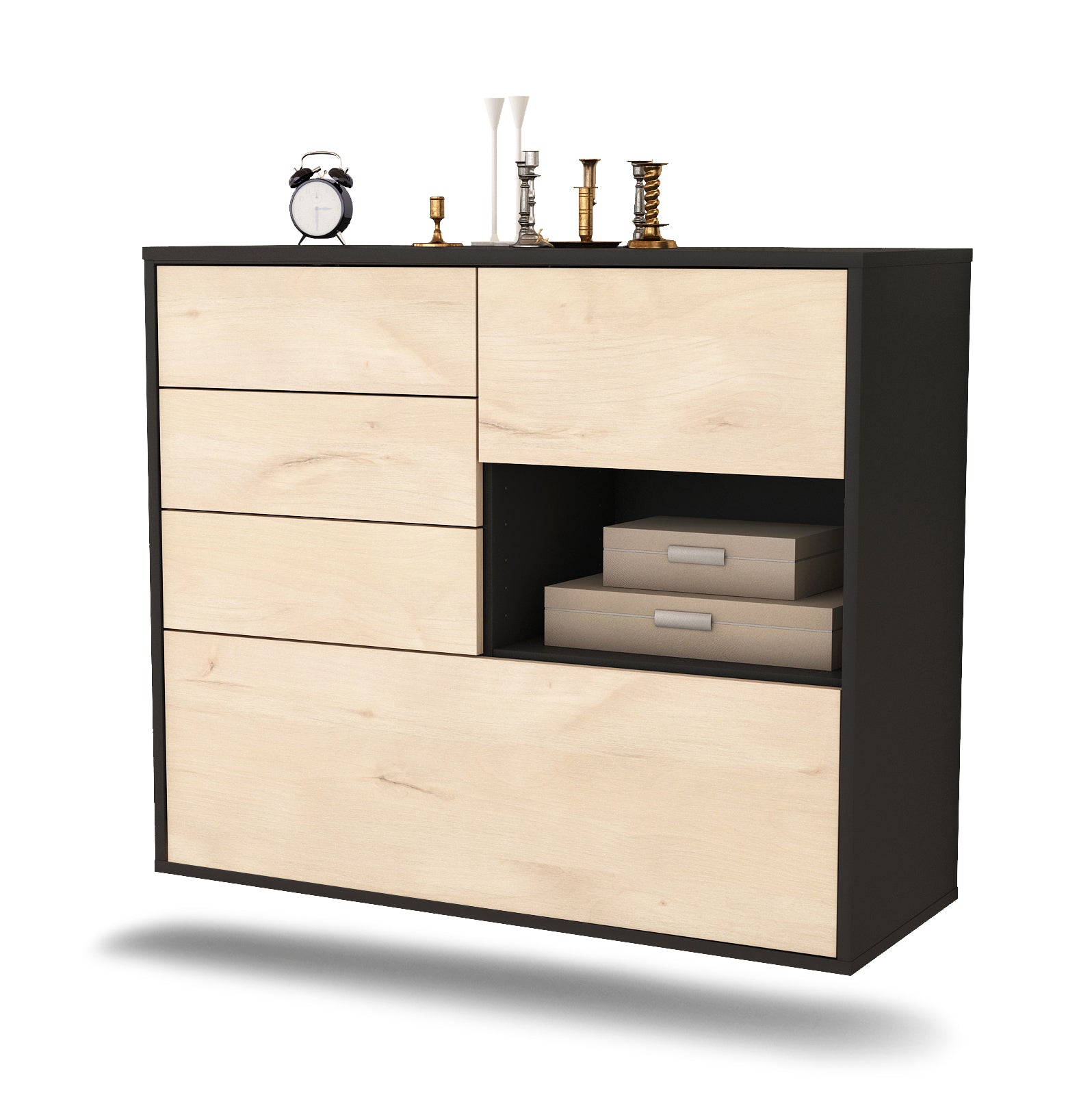 Sideboard - Coco - Design Holzdekor - Wandmontiert mit Push to open  92 cm Anthrazit