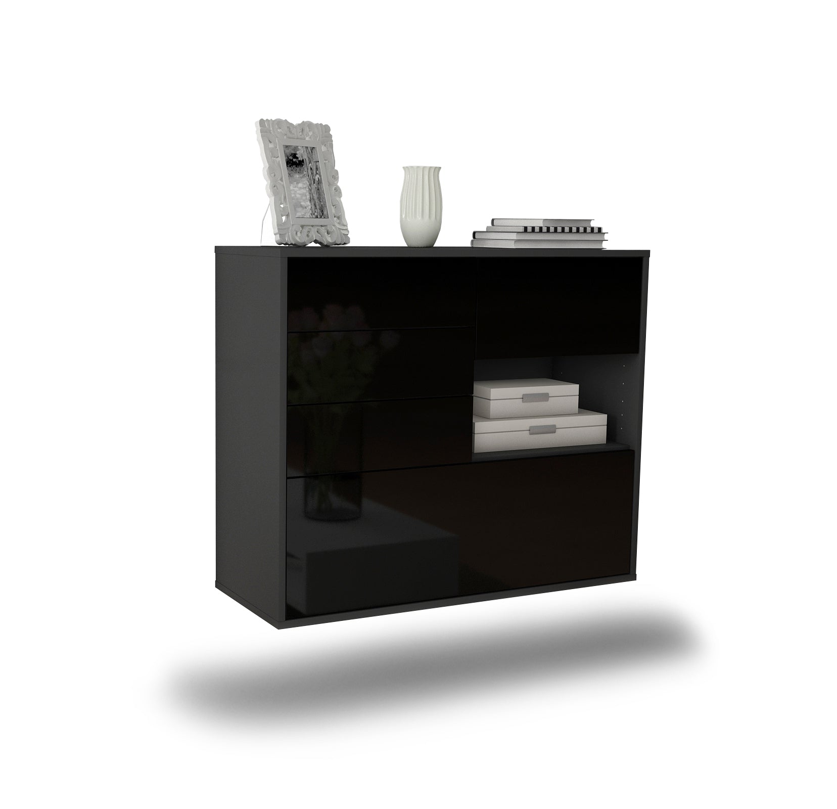 Sideboard - Coco - Design Hochglanz - Wandmontiert mit Push to open  92 cm Anthrazit