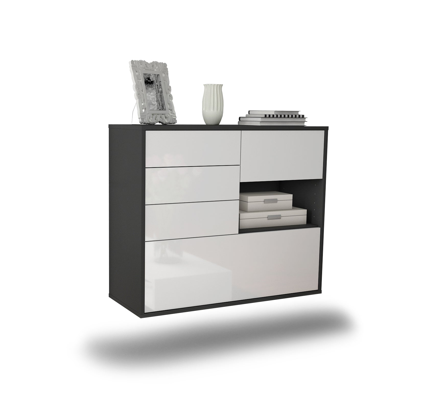 Sideboard - Coco - Design Hochglanz - Wandmontiert mit Push to open  92 cm Anthrazit