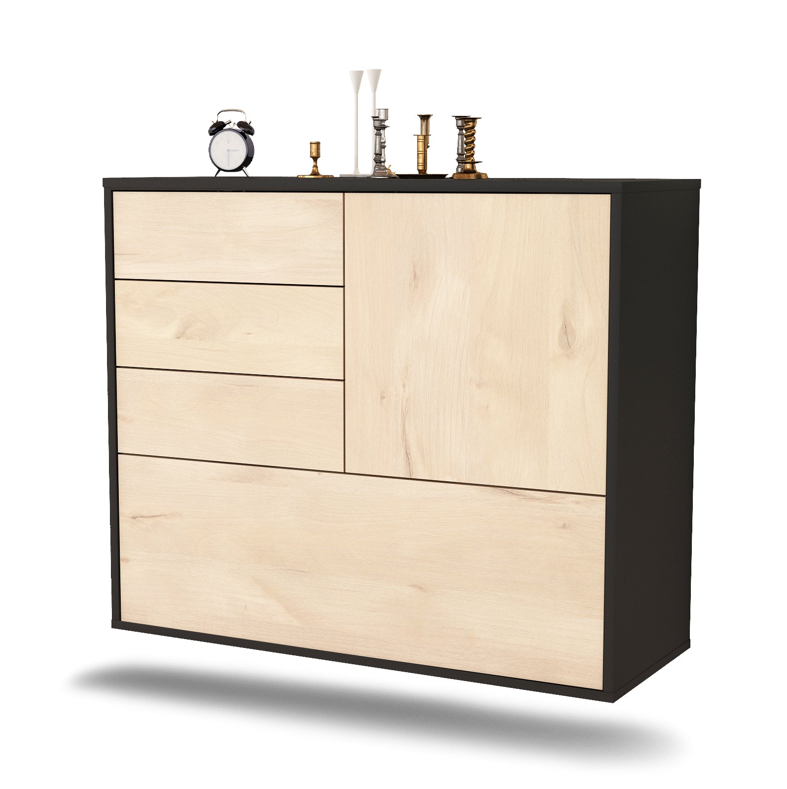 Sideboard - Corina - Design Holzdekor - Wandmontiert mit Push to open  92 cm Anthrazit