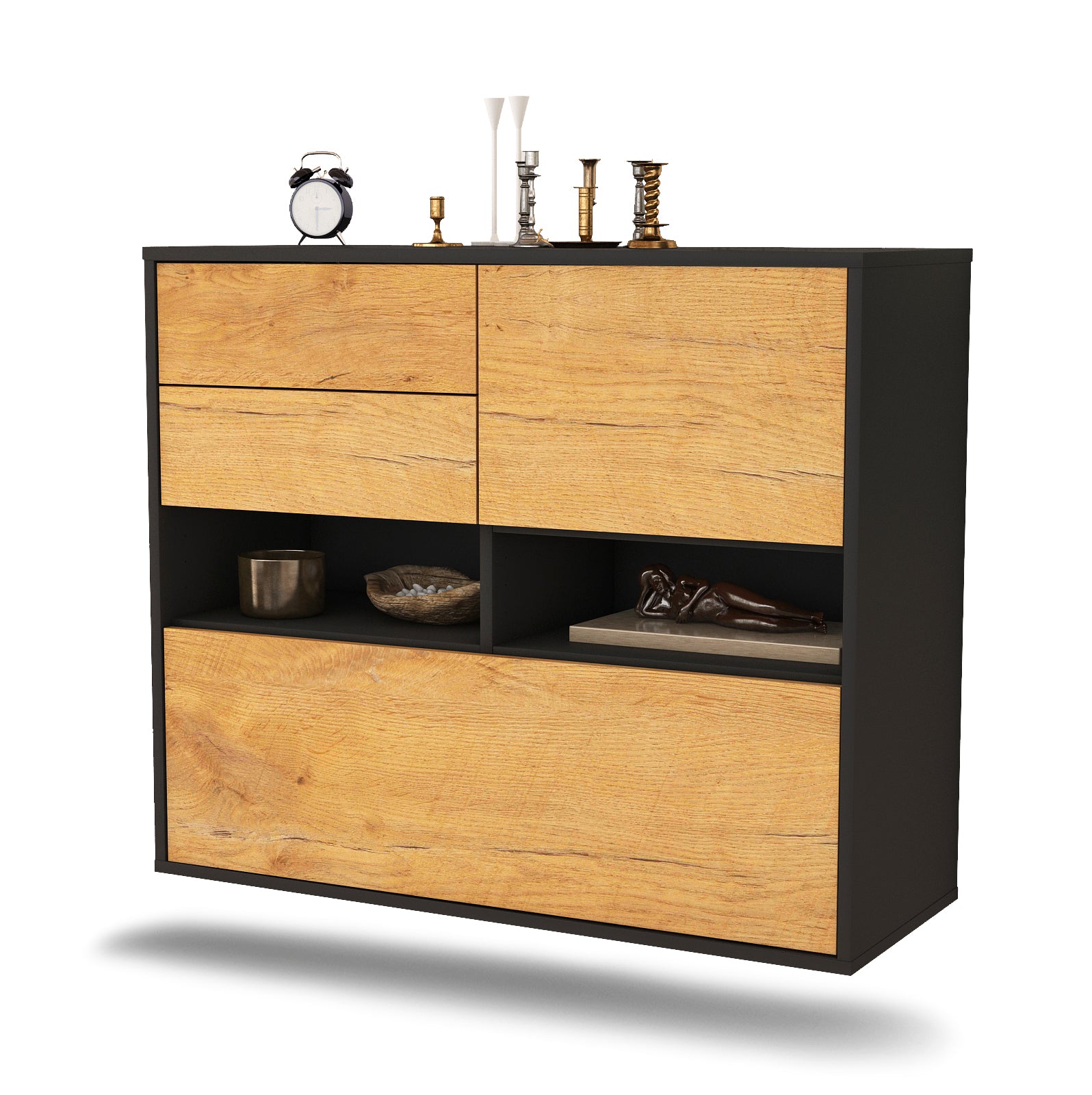 Sideboard - Cornelia - Design Holzdekor - Wandmontiert mit Push to open  92 cm Anthrazit