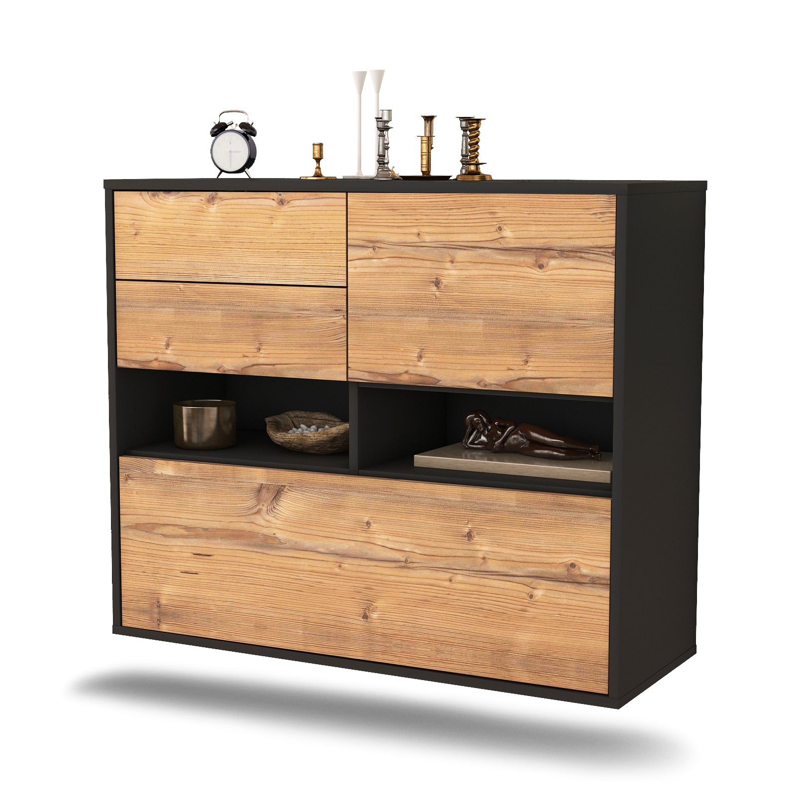 Sideboard - Cornelia - Design Holzdekor - Wandmontiert mit Push to open  92 cm Anthrazit