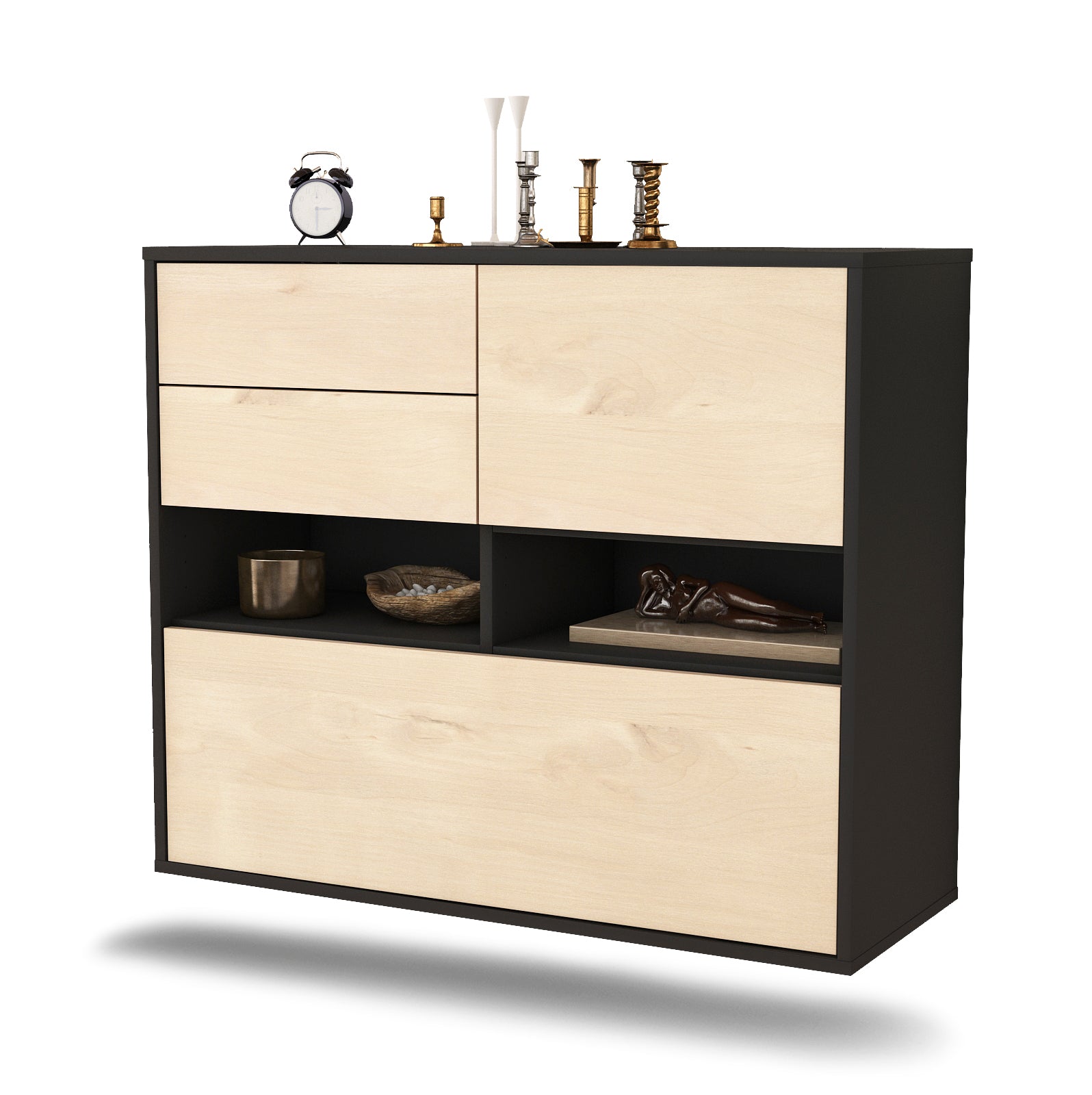 Sideboard - Cornelia - Design Holzdekor - Wandmontiert mit Push to open  92 cm Anthrazit