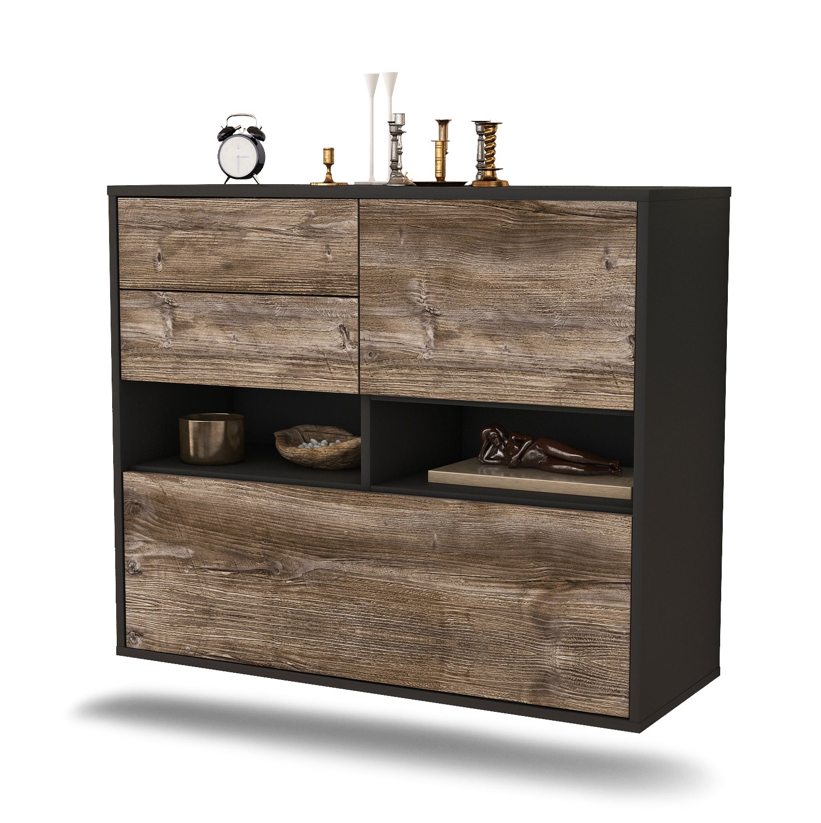 Sideboard - Cornelia - Design Holzdekor - Wandmontiert mit Push to open  92 cm Anthrazit