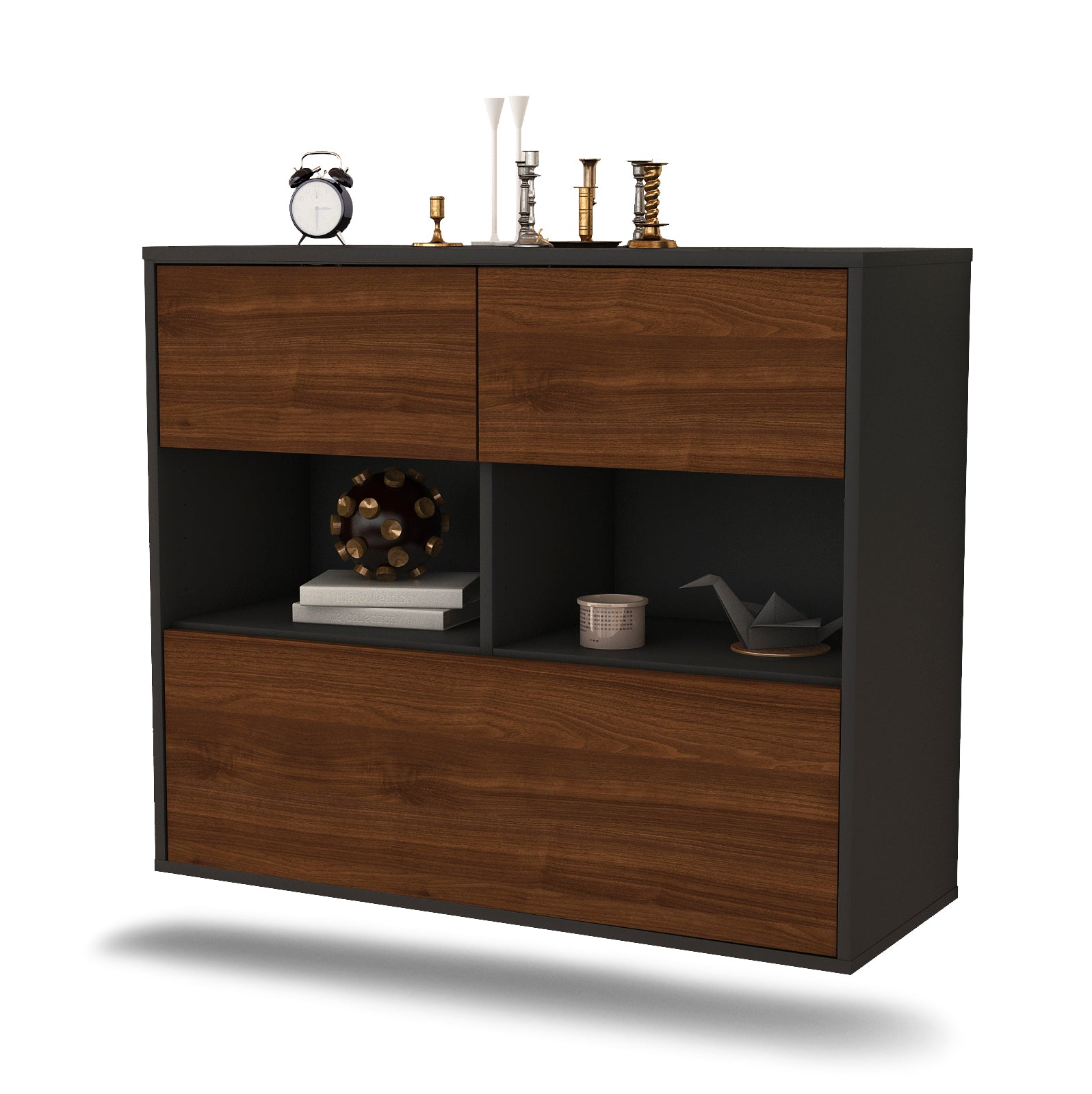 Sideboard - Cosima - Design Holzdekor - Wandmontiert mit Push to open  92 cm Anthrazit