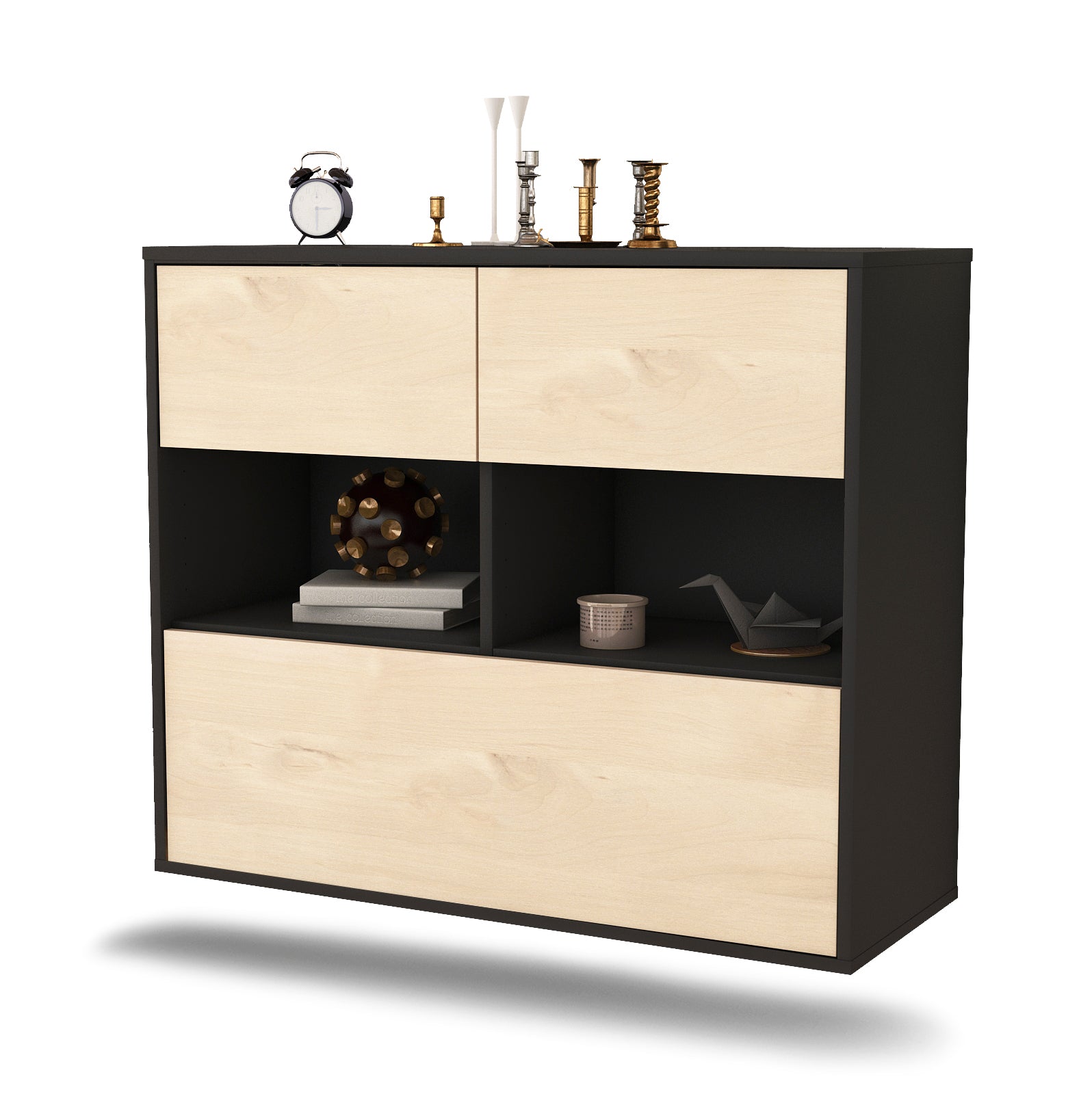 Sideboard - Cosima - Design Holzdekor - Wandmontiert mit Push to open  92 cm Anthrazit