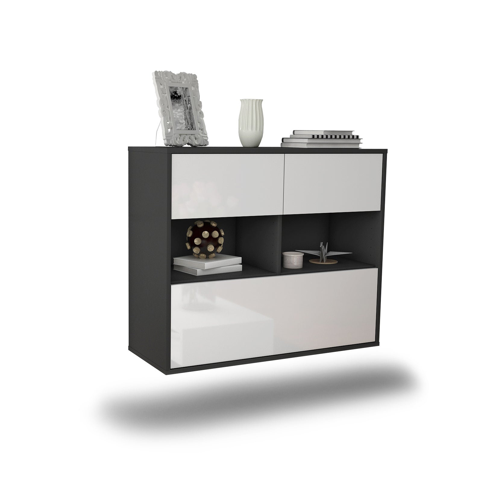 Sideboard - Cosima - Design Hochglanz - Wandmontiert mit Push to open  92 cm Anthrazit