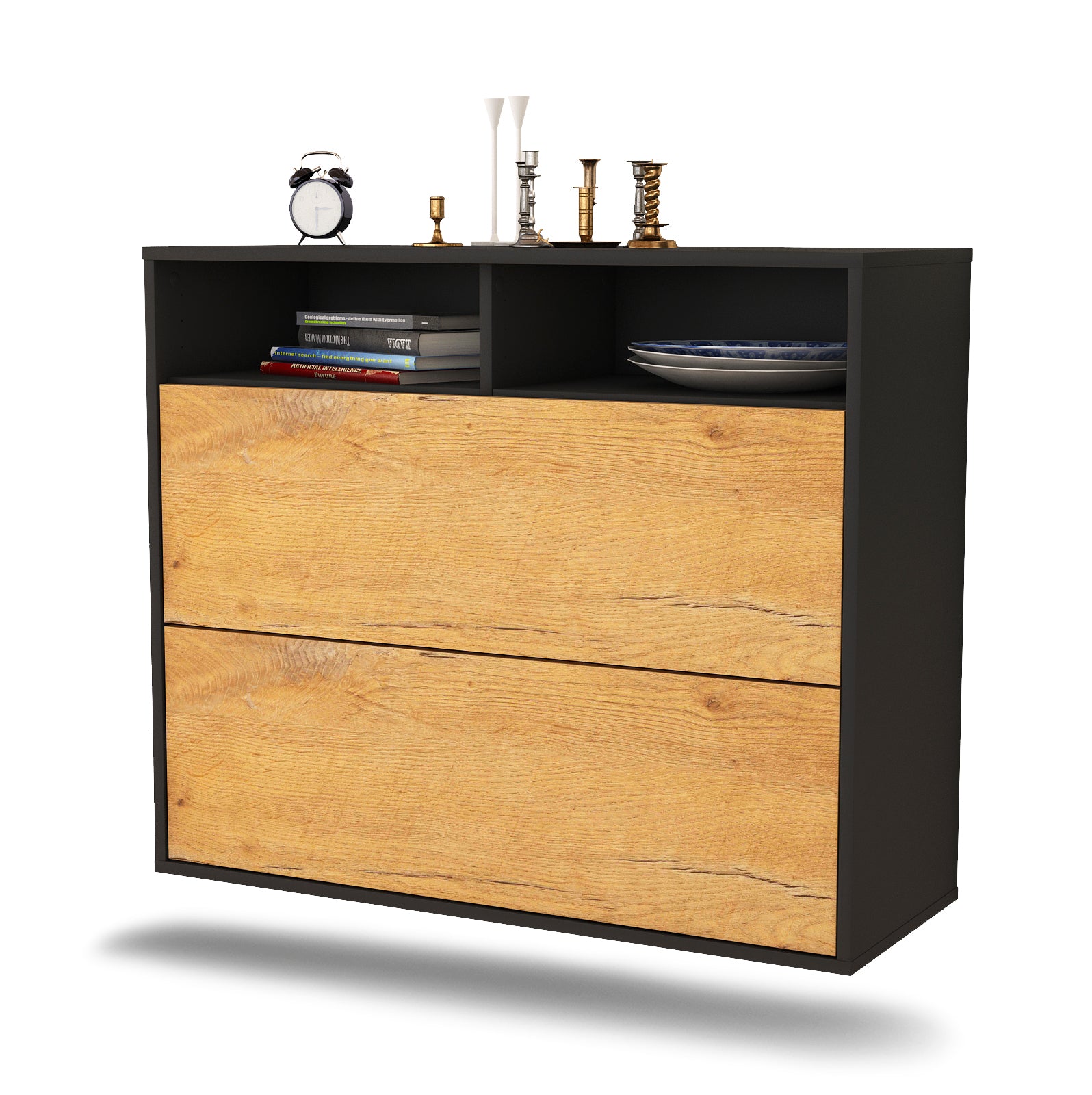 Sideboard - Cosma - Design Holzdekor - Wandmontiert mit Push to open  92 cm Anthrazit