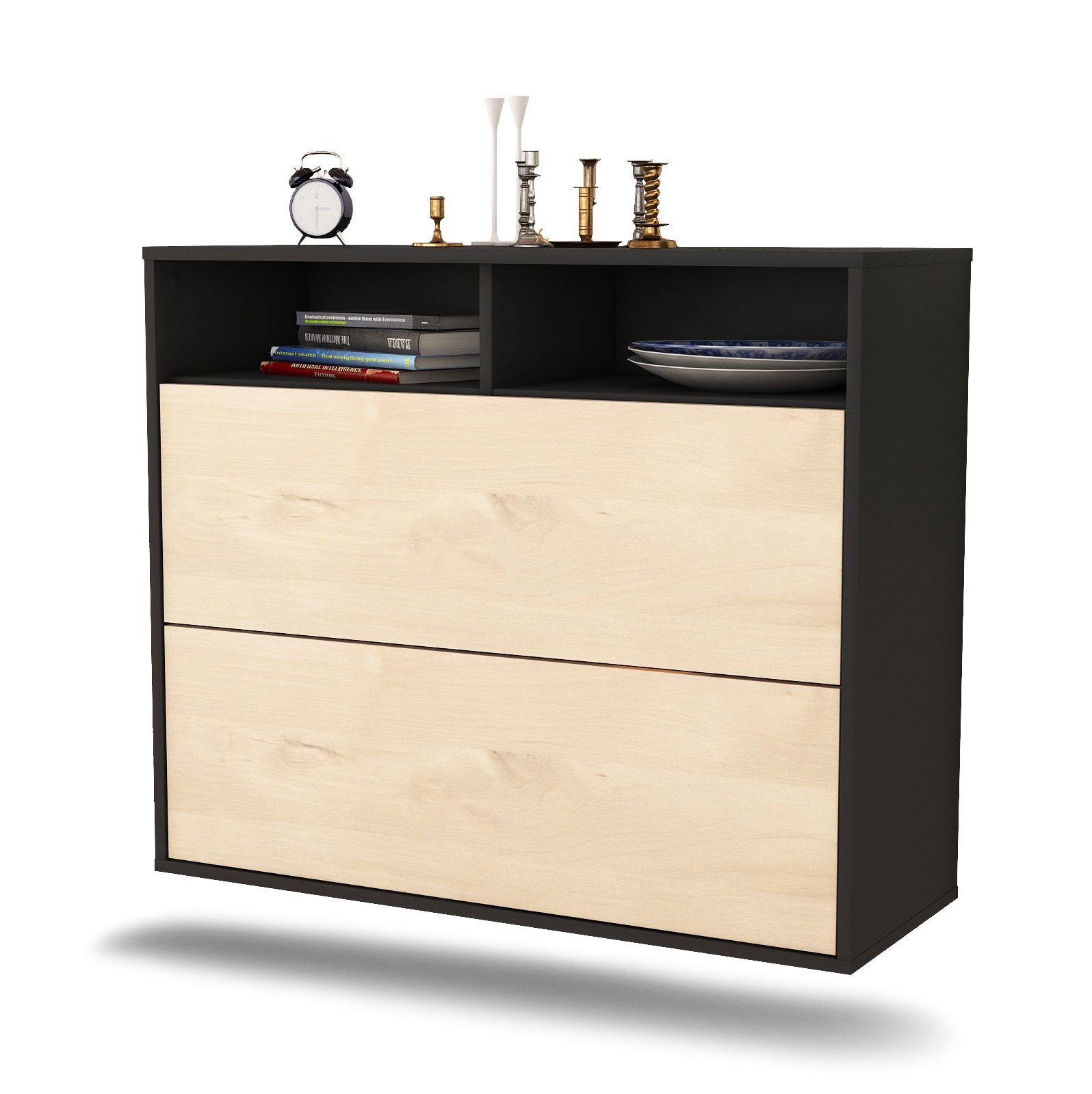 Sideboard - Cosma - Design Holzdekor - Wandmontiert mit Push to open  92 cm Anthrazit