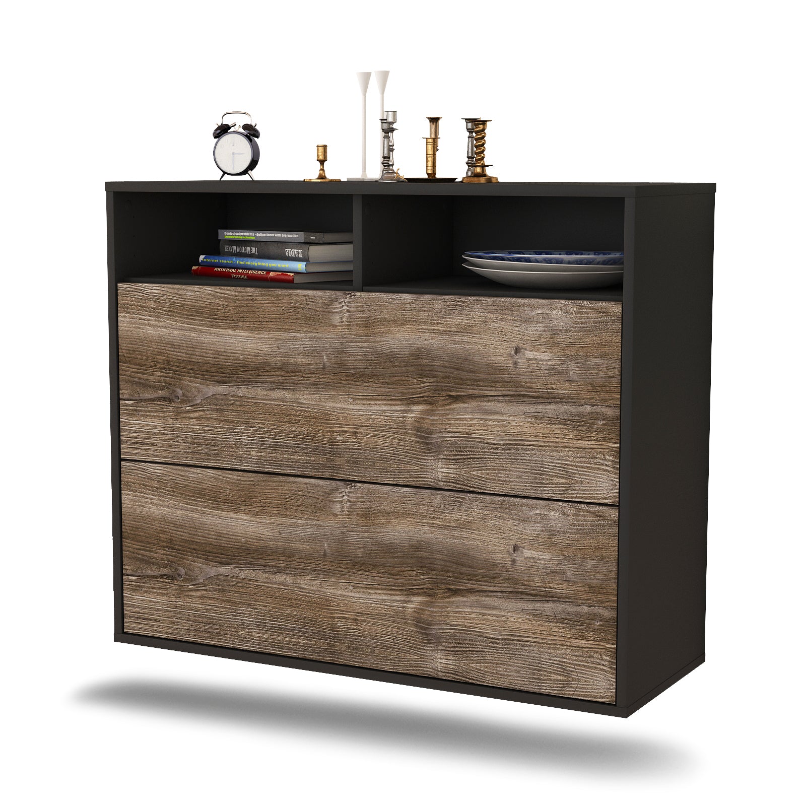 Sideboard - Cosma - Design Holzdekor - Wandmontiert mit Push to open  92 cm Anthrazit