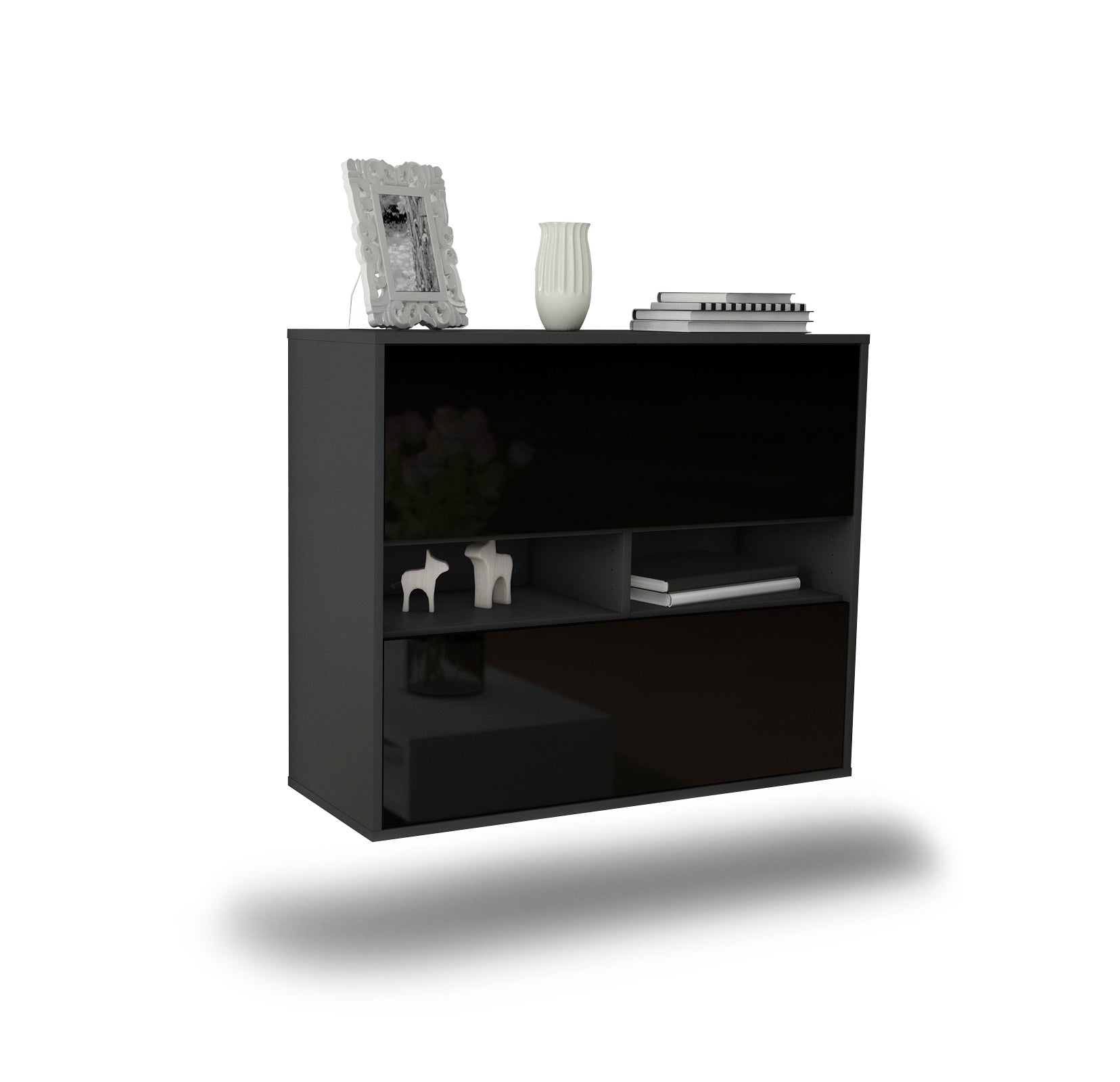 Sideboard - Dalia - Design Hochglanz - Wandmontiert mit Push to open  92 cm Anthrazit