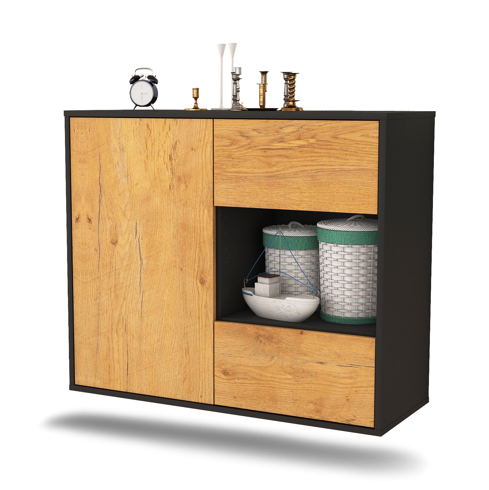 Sideboard - Danica - Design Holzdekor - Wandmontiert mit Push to open  92 cm Anthrazit