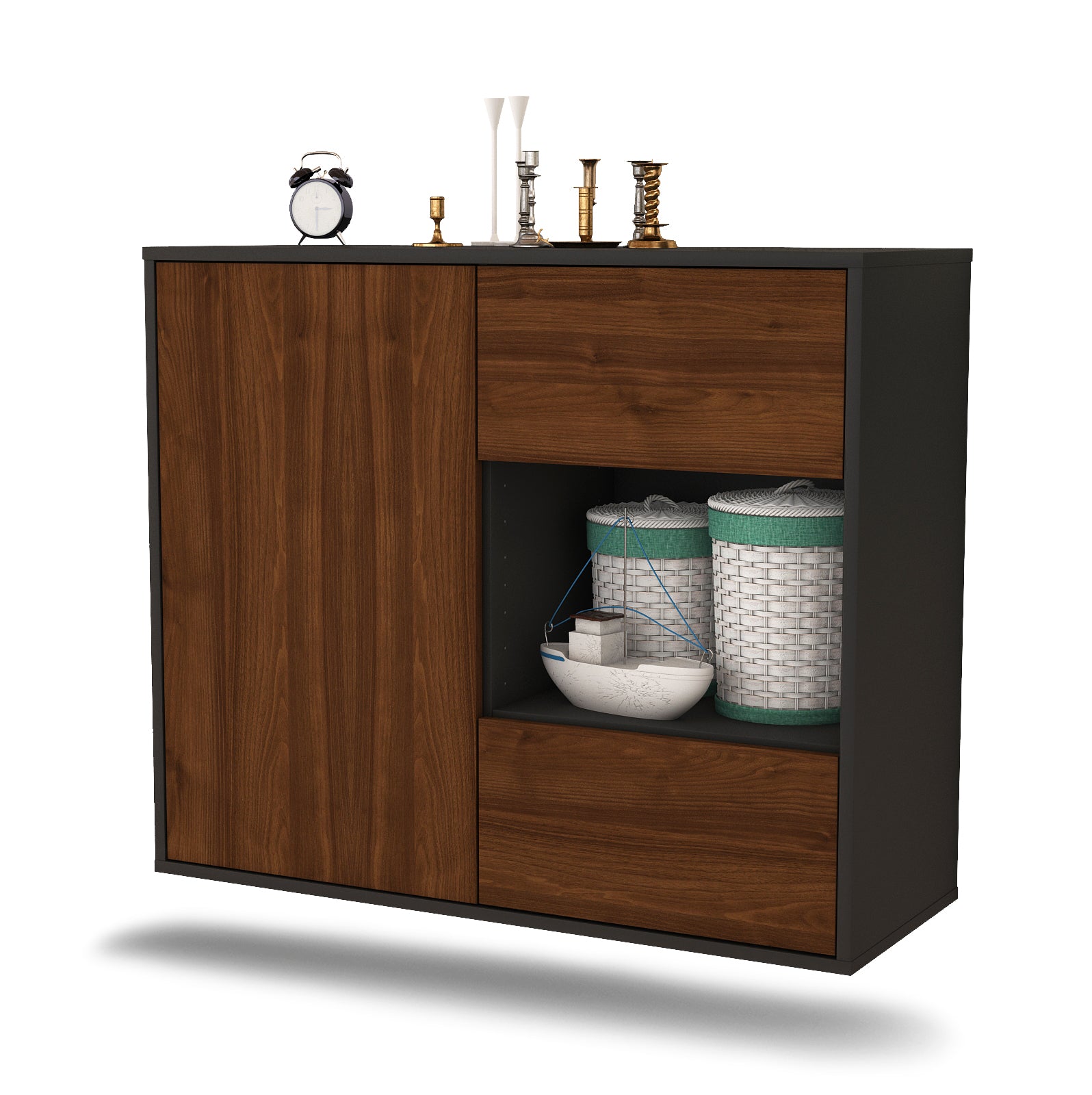 Sideboard - Danica - Design Holzdekor - Wandmontiert mit Push to open  92 cm Anthrazit