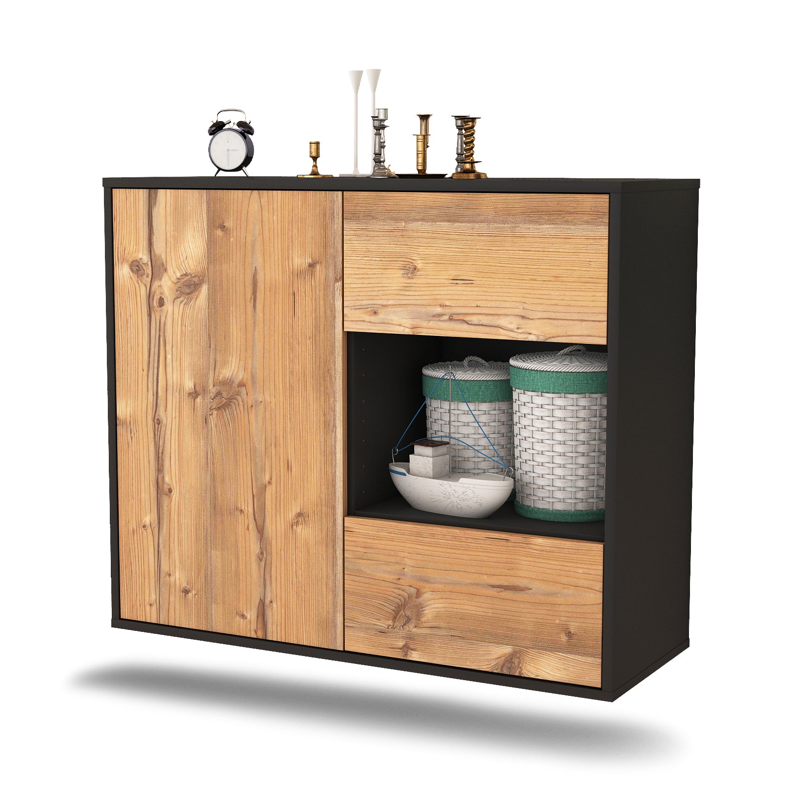 Sideboard - Danica - Design Holzdekor - Wandmontiert mit Push to open  92 cm Anthrazit