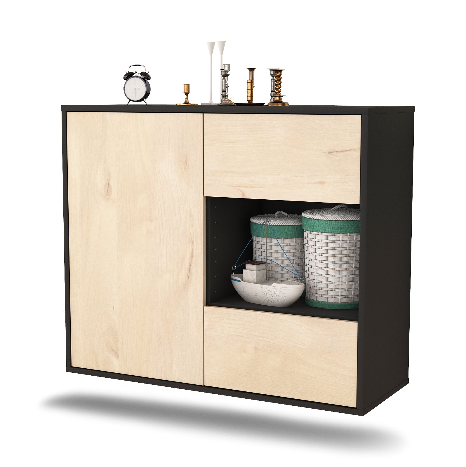 Sideboard - Danica - Design Holzdekor - Wandmontiert mit Push to open  92 cm Anthrazit