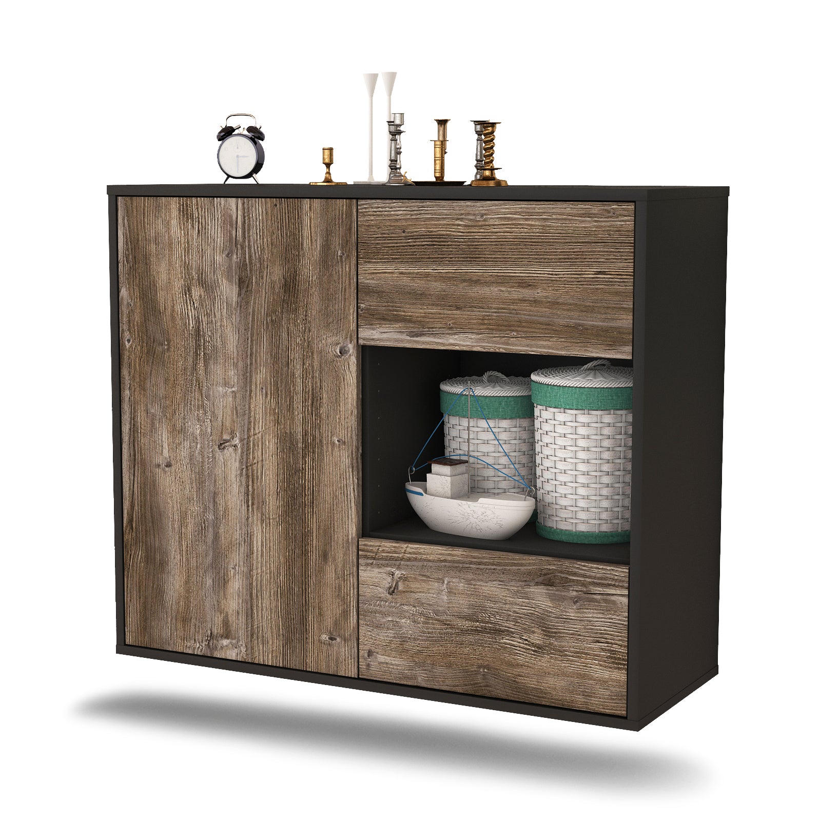 Sideboard - Danica - Design Holzdekor - Wandmontiert mit Push to open  92 cm Anthrazit