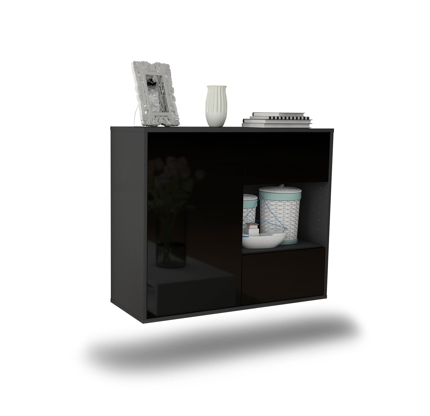 Sideboard - Danica - Design Hochglanz - Wandmontiert mit Push to open  92 cm Anthrazit