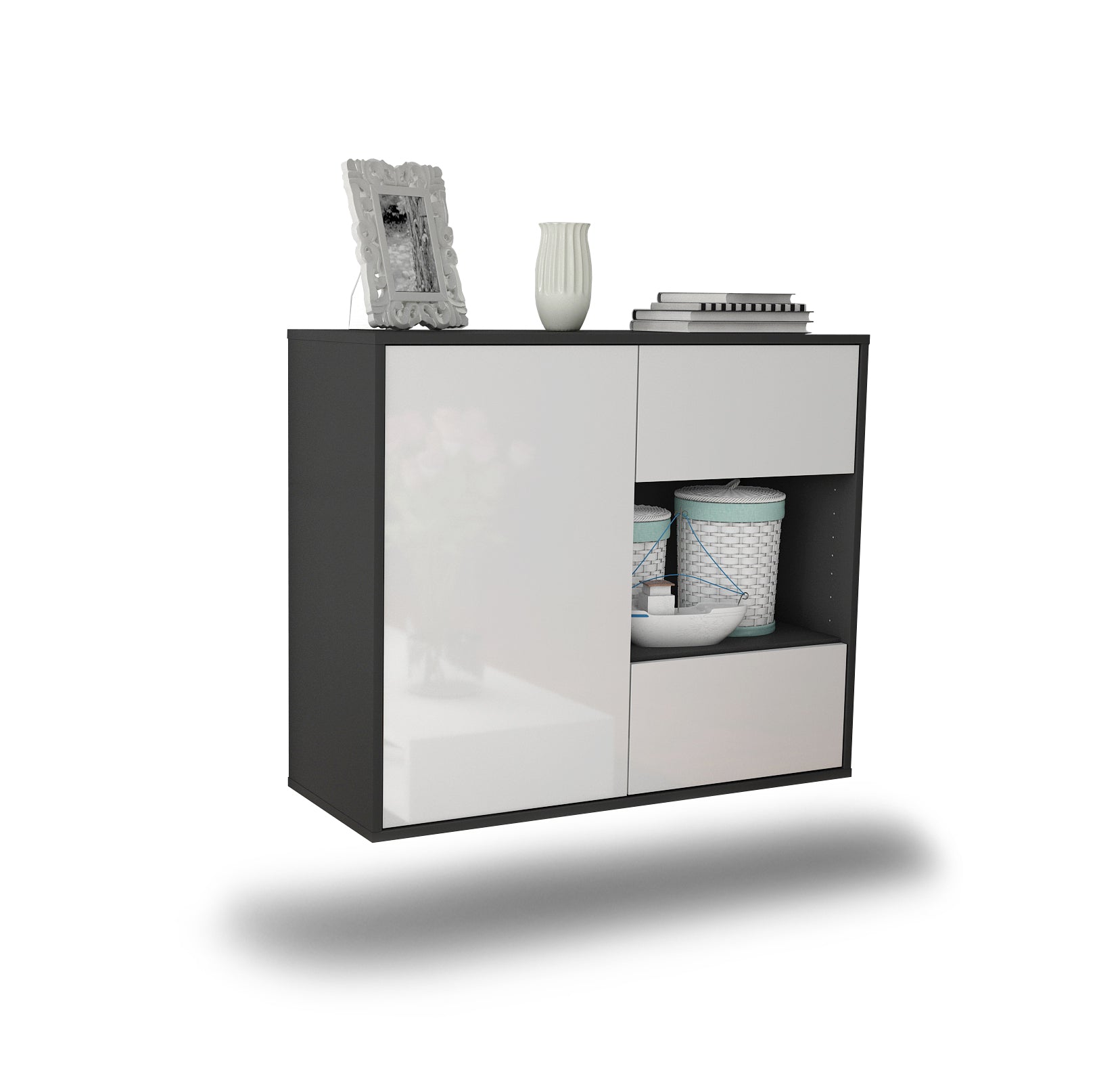 Sideboard - Danica - Design Hochglanz - Wandmontiert mit Push to open  92 cm Anthrazit