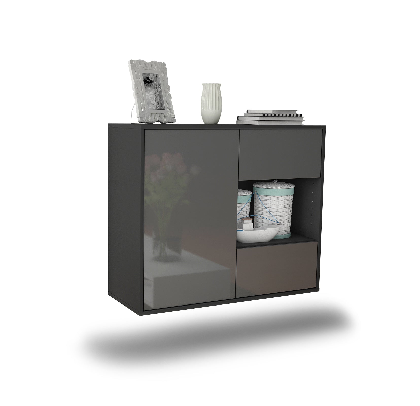 Sideboard - Danica - Design Hochglanz - Wandmontiert mit Push to open  92 cm Anthrazit