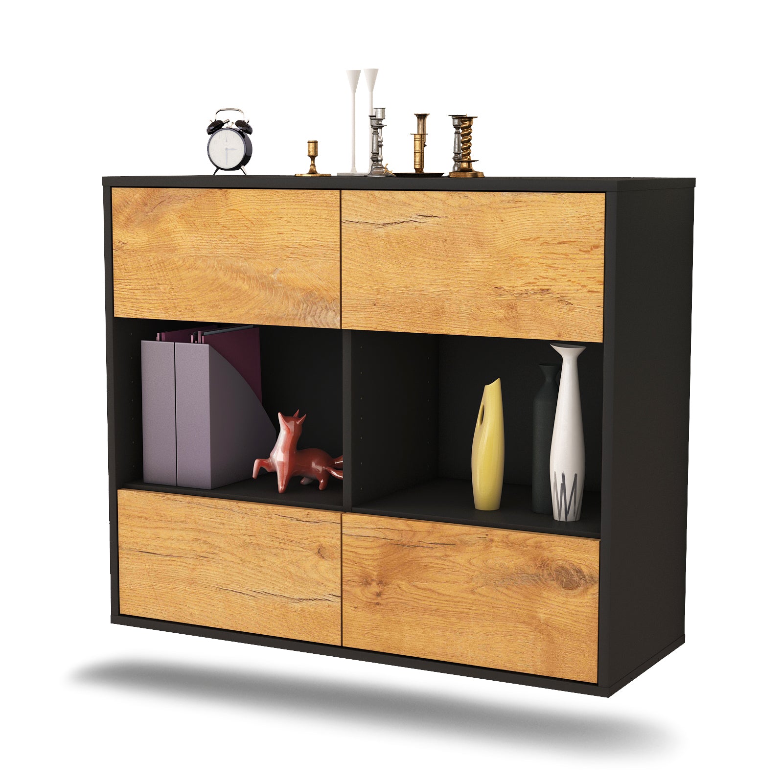 Sideboard - Daniela - Design Holzdekor - Wandmontiert mit Push to open  92 cm Anthrazit