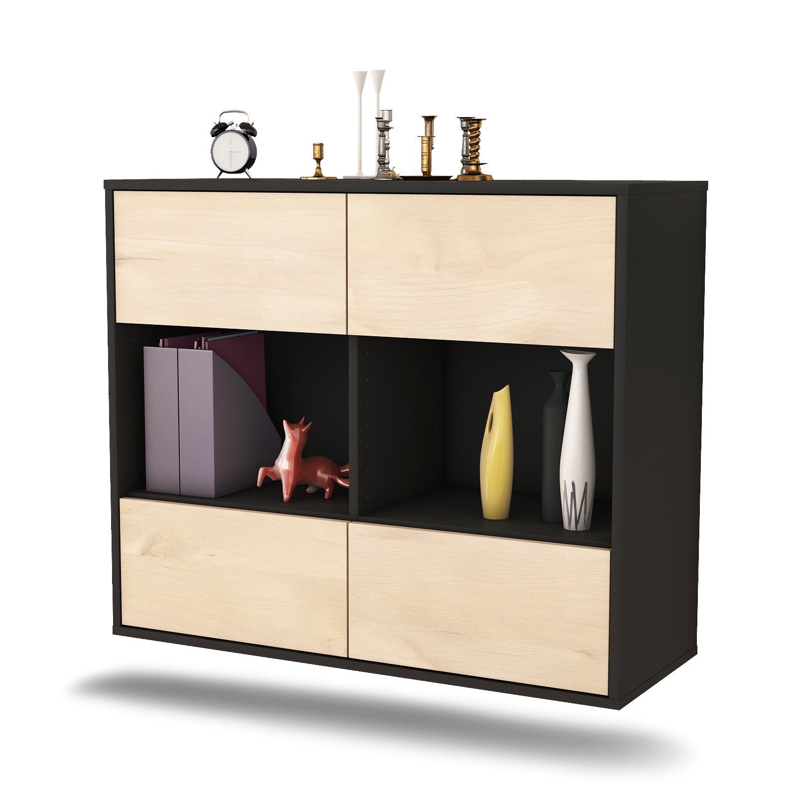 Sideboard - Daniela - Design Holzdekor - Wandmontiert mit Push to open  92 cm Anthrazit