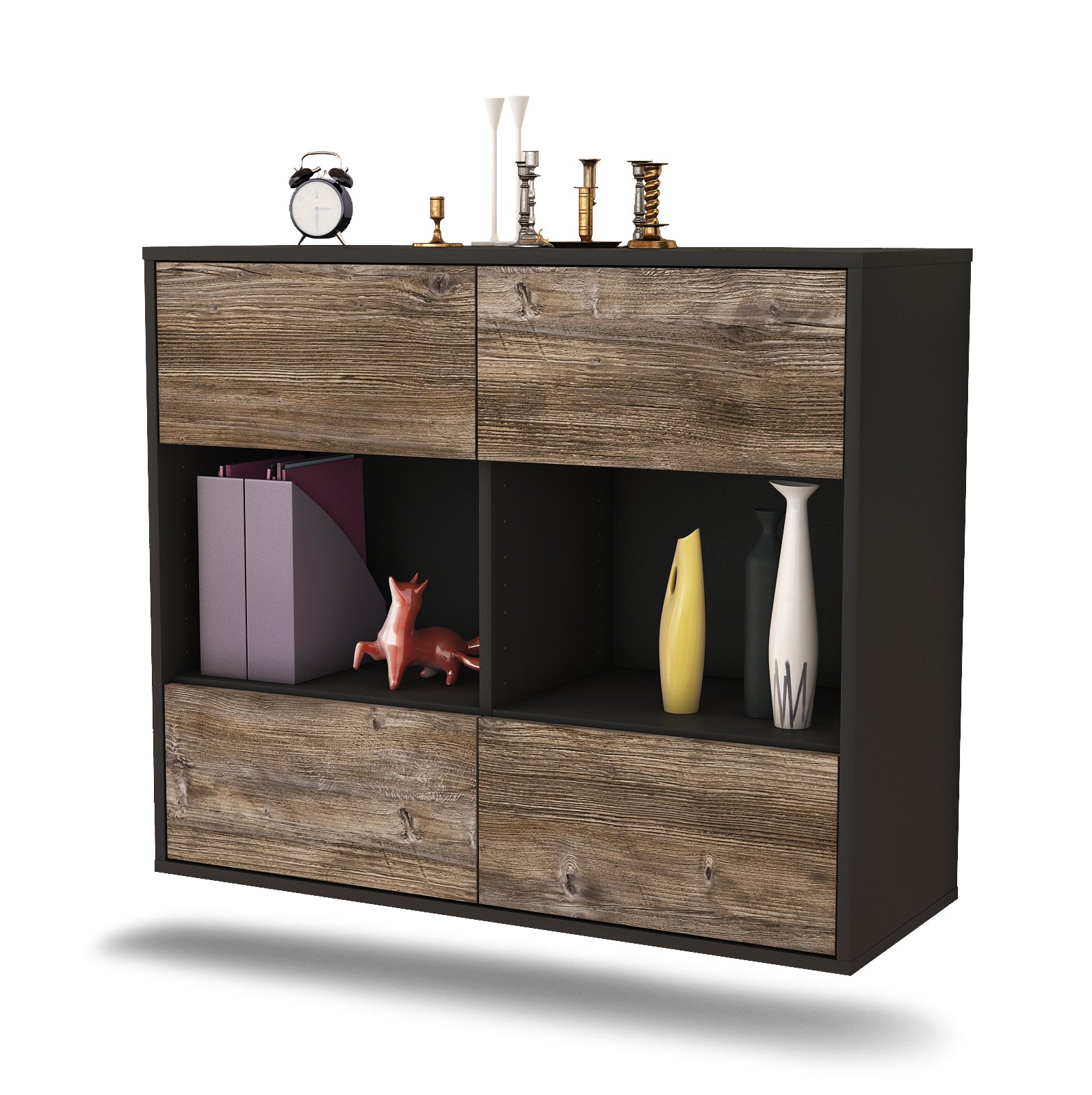 Sideboard - Daniela - Design Holzdekor - Wandmontiert mit Push to open  92 cm Anthrazit