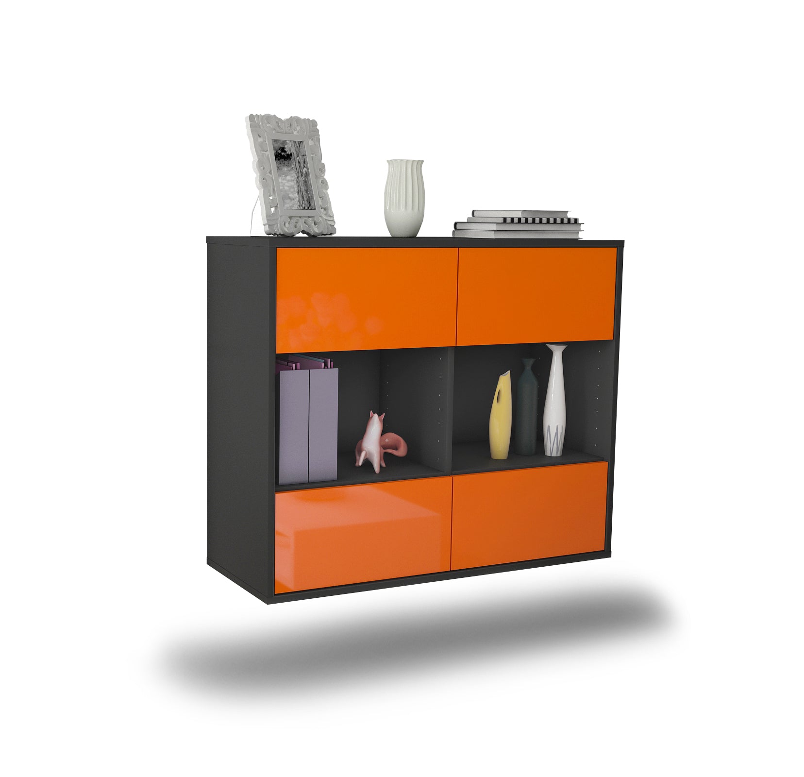 Sideboard - Daniela - Design Hochglanz - Wandmontiert mit Push to open  92 cm Anthrazit