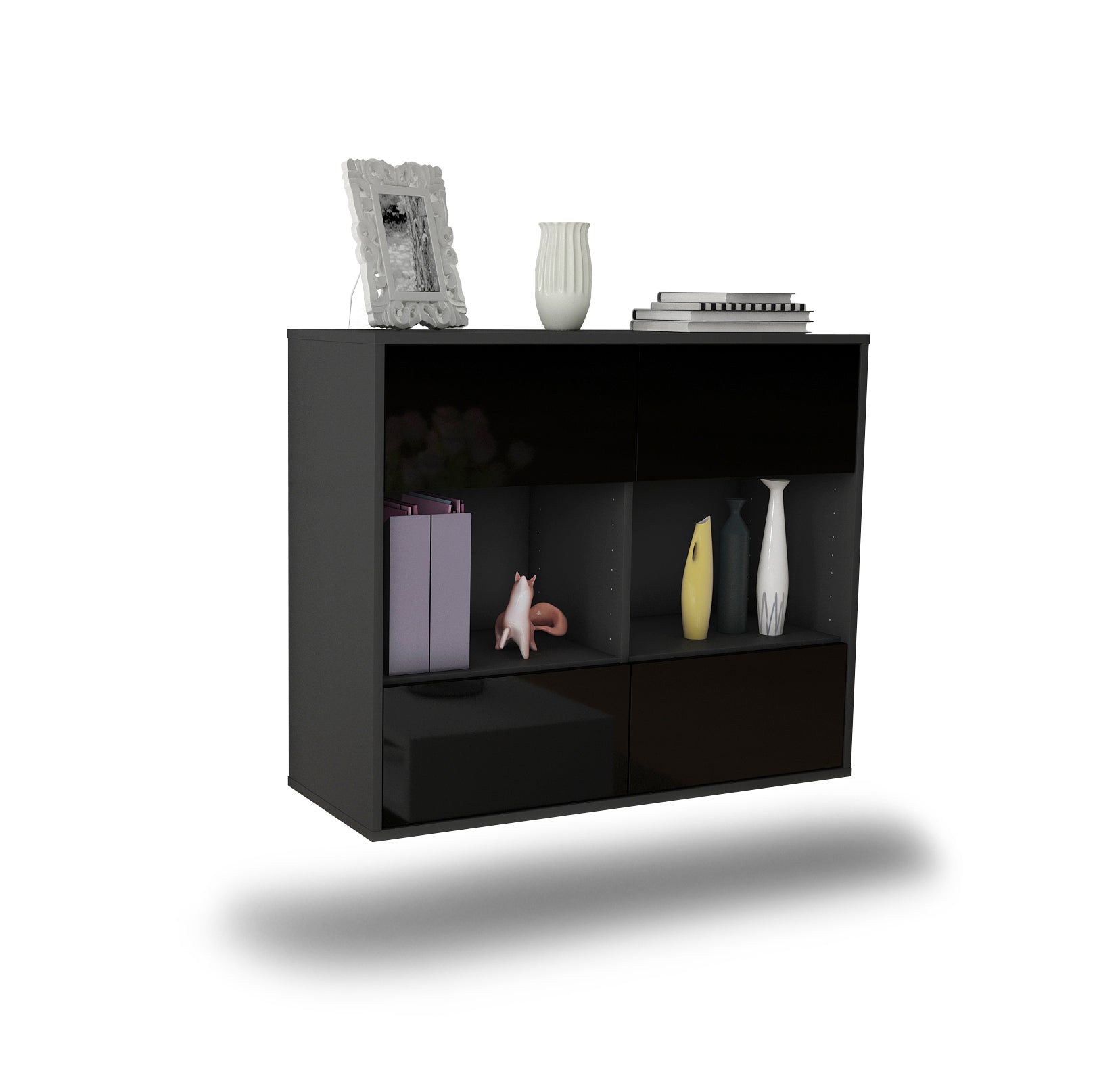 Sideboard - Daniela - Design Hochglanz - Wandmontiert mit Push to open  92 cm Anthrazit