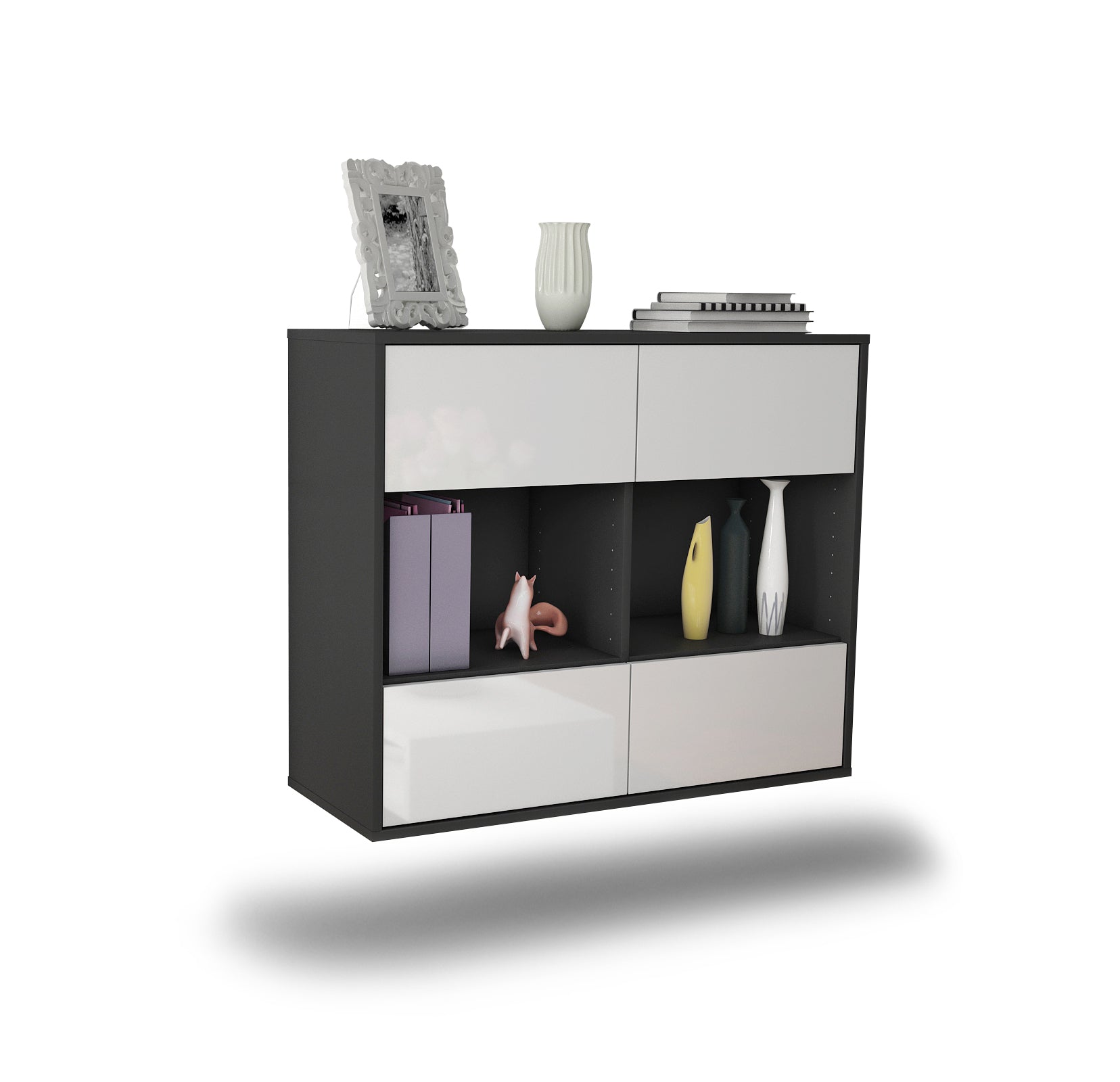 Sideboard - Daniela - Design Hochglanz - Wandmontiert mit Push to open  92 cm Anthrazit