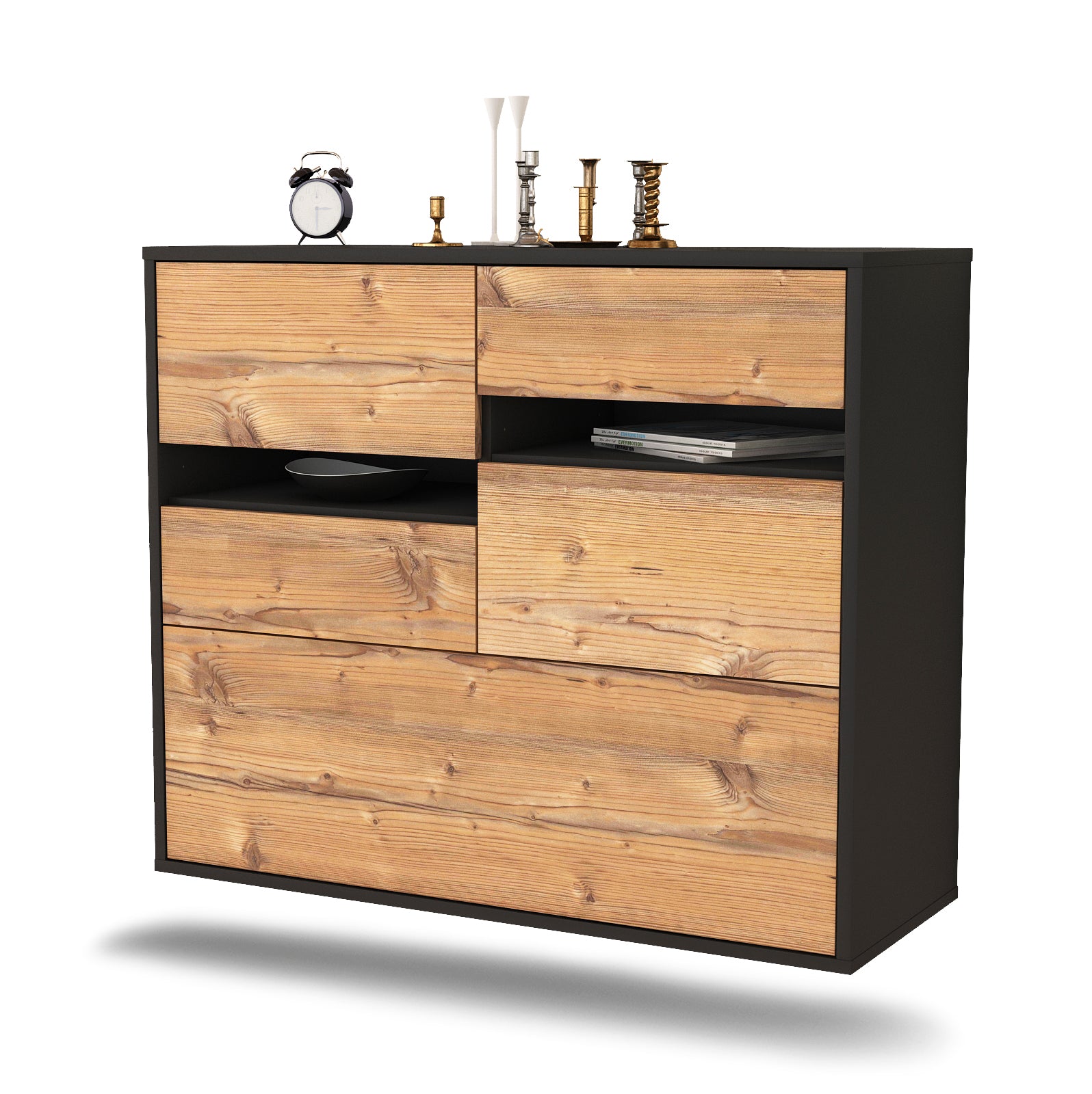 Sideboard - Daria - Design Holzdekor - Wandmontiert mit Push to open  92 cm Anthrazit