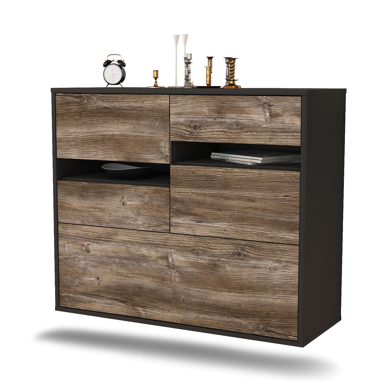 Sideboard - Daria - Design Holzdekor - Wandmontiert mit Push to open  92 cm Anthrazit