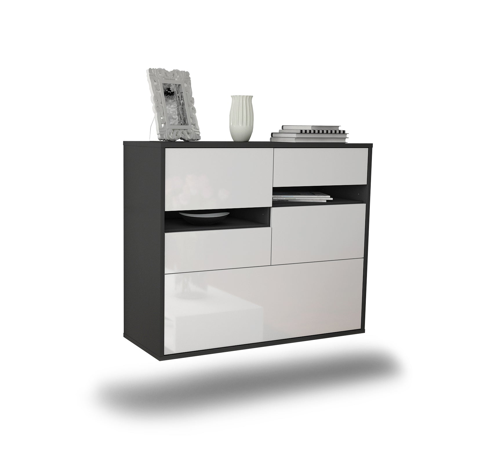 Sideboard - Daria - Design Hochglanz - Wandmontiert mit Push to open  92 cm Anthrazit